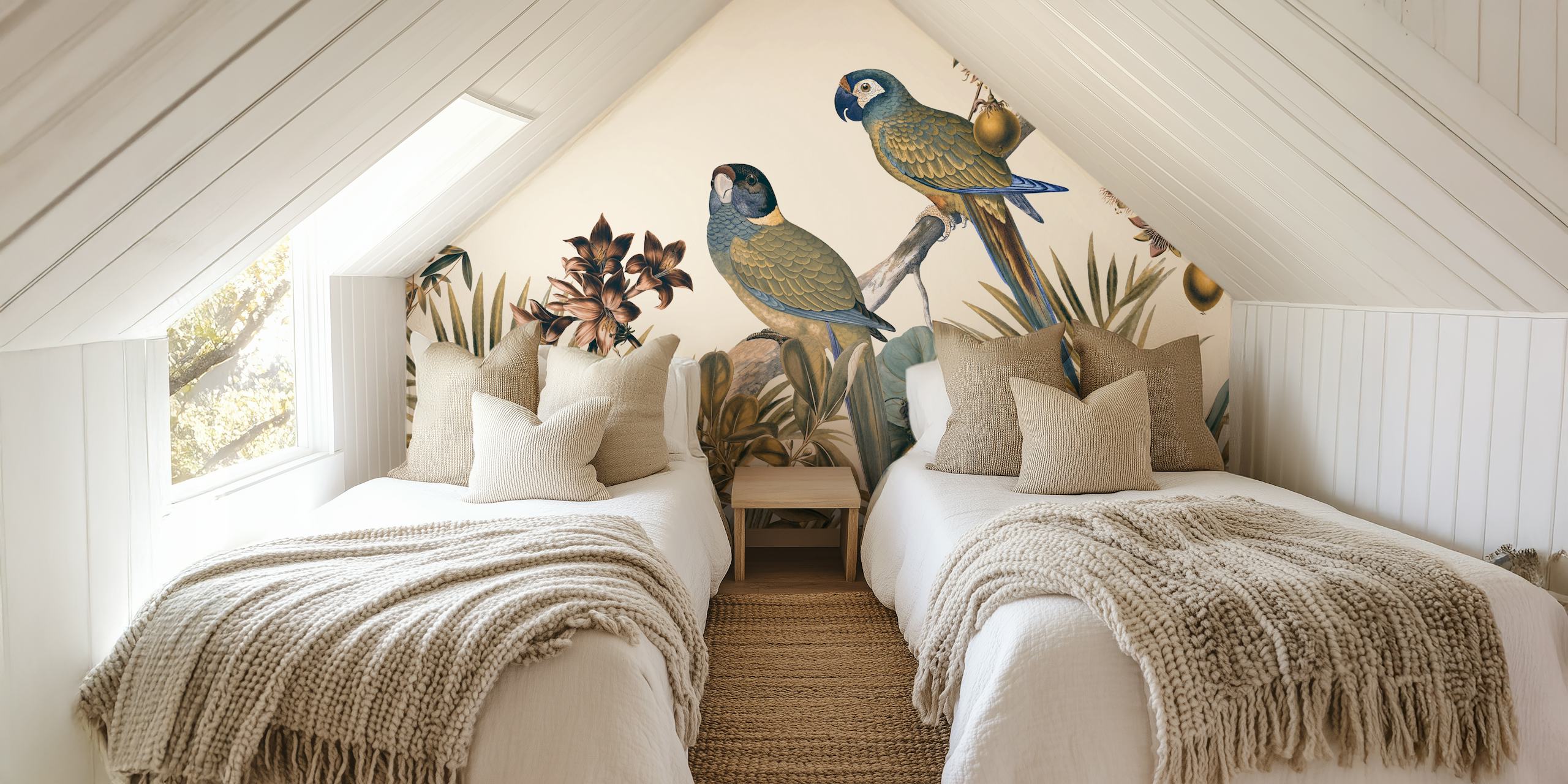 Tropical parrots and botanical elements in muted tones wallpaper