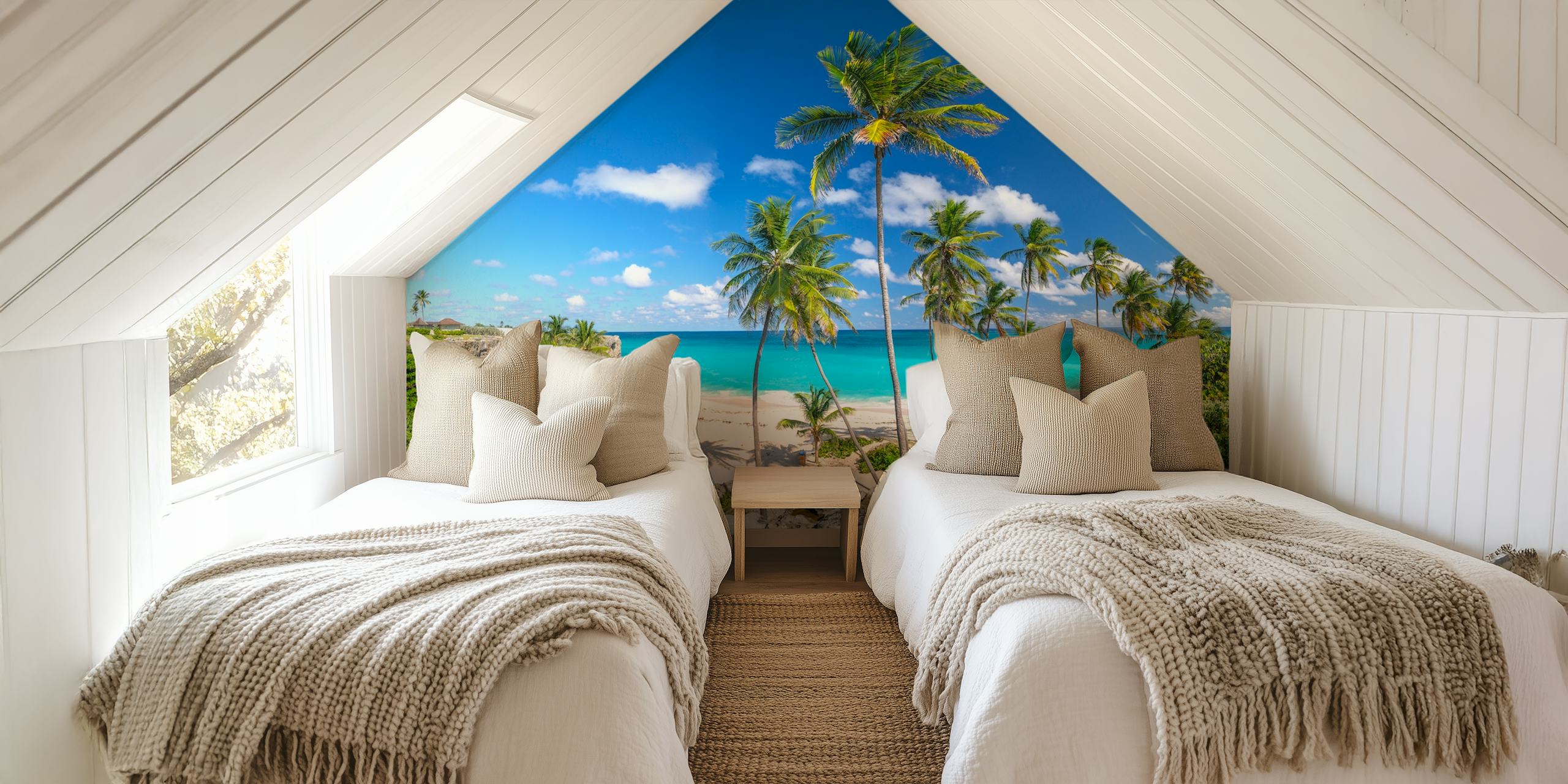 Tropical beach wall mural with palm trees and clear blue sea