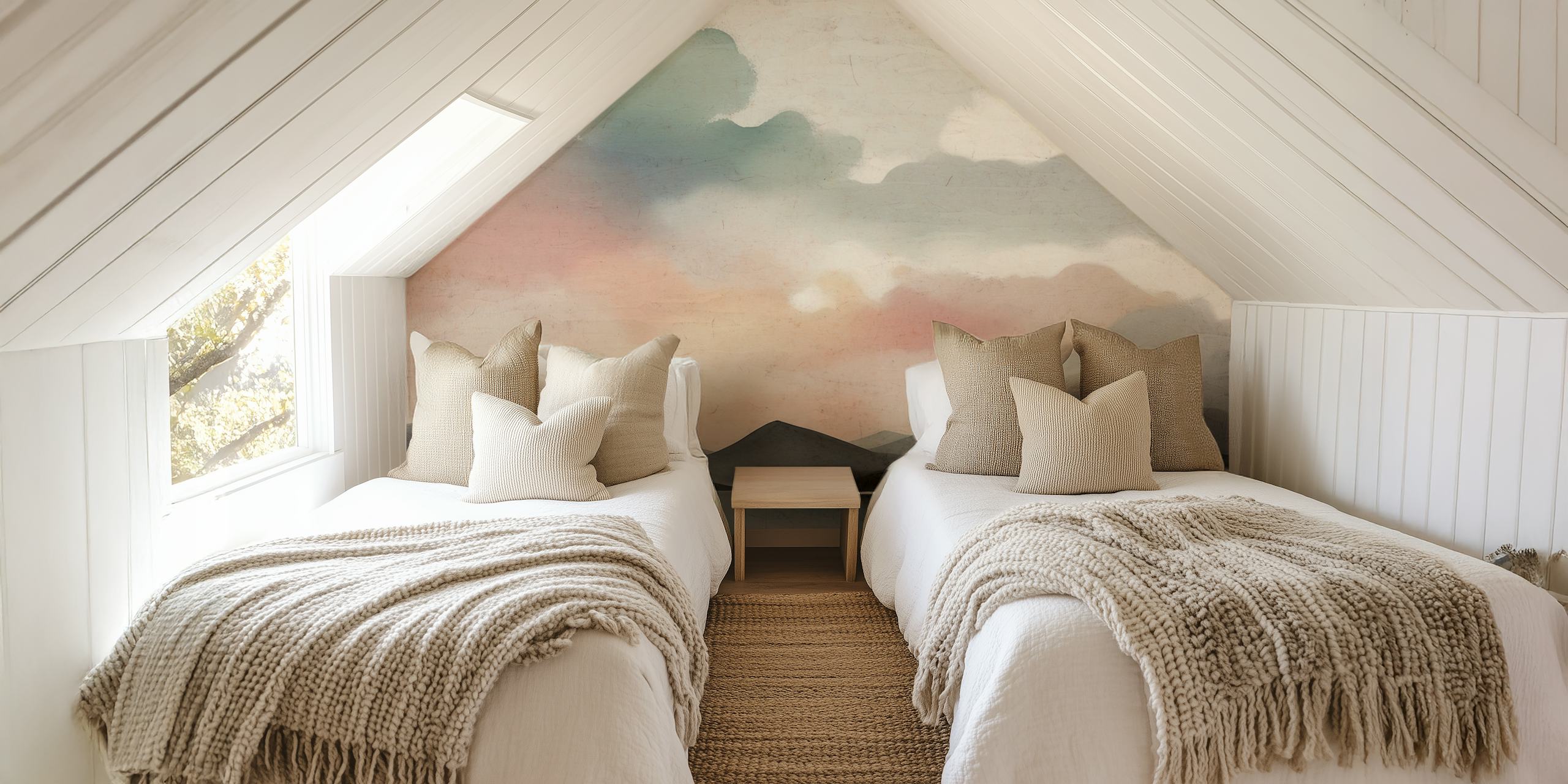 Watercolor Morning Clouds wall mural with soft grays, pinks, and oranges over rolling hills and calm waters.