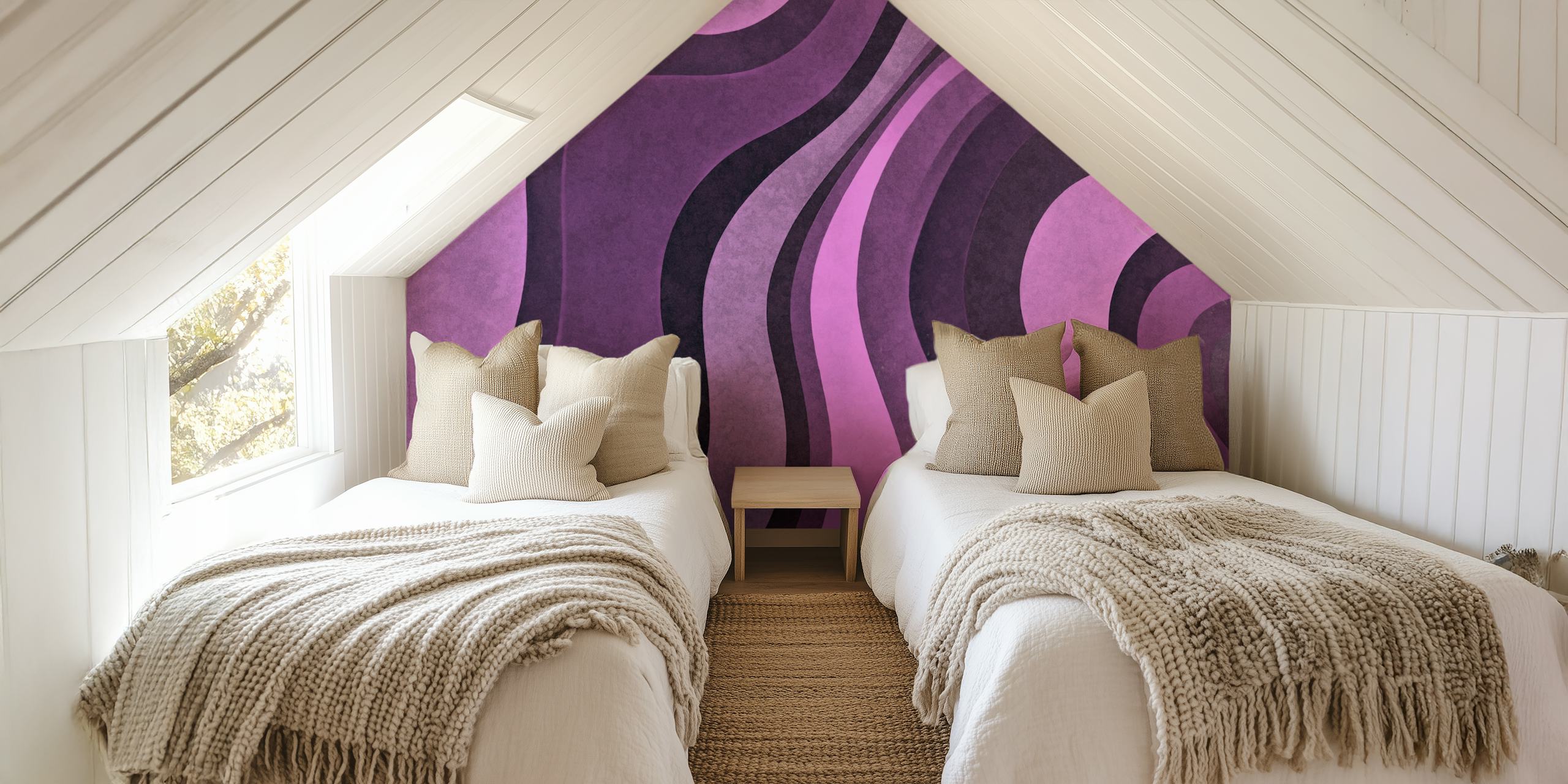 Wavy watercolor purple shapes wallpaper in a room