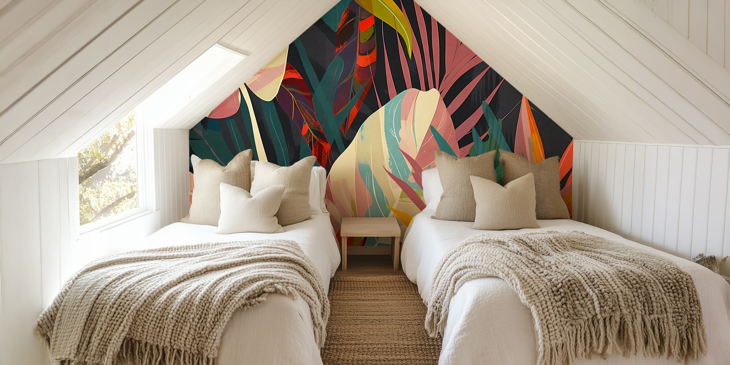 Tropical foliage design featuring colorful leaves on dark background wallpaper