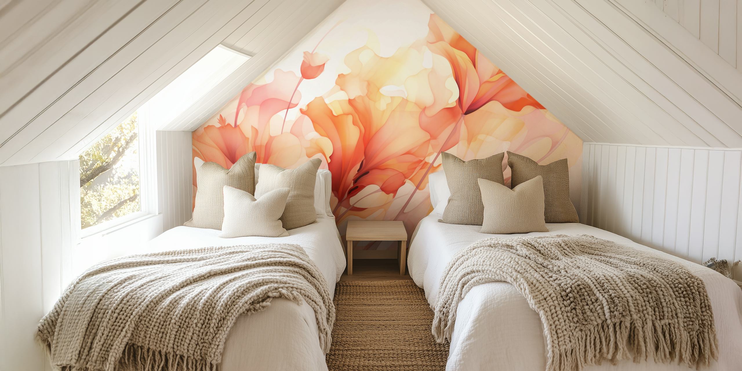 Floral peach tangerine wallpaper in a room