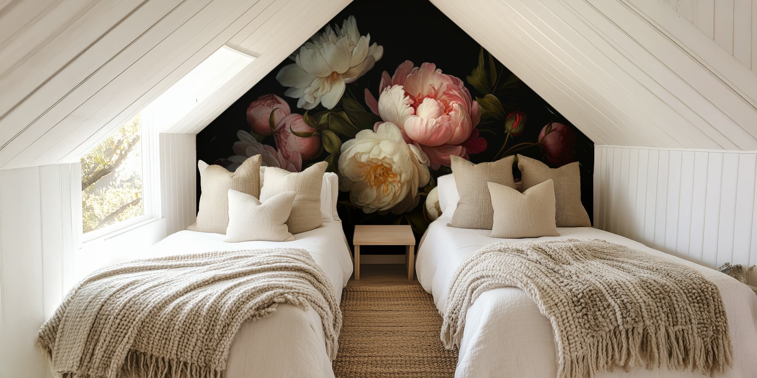 Vintage floral peonies in soft pink and cream hues on a dark background wallpaper