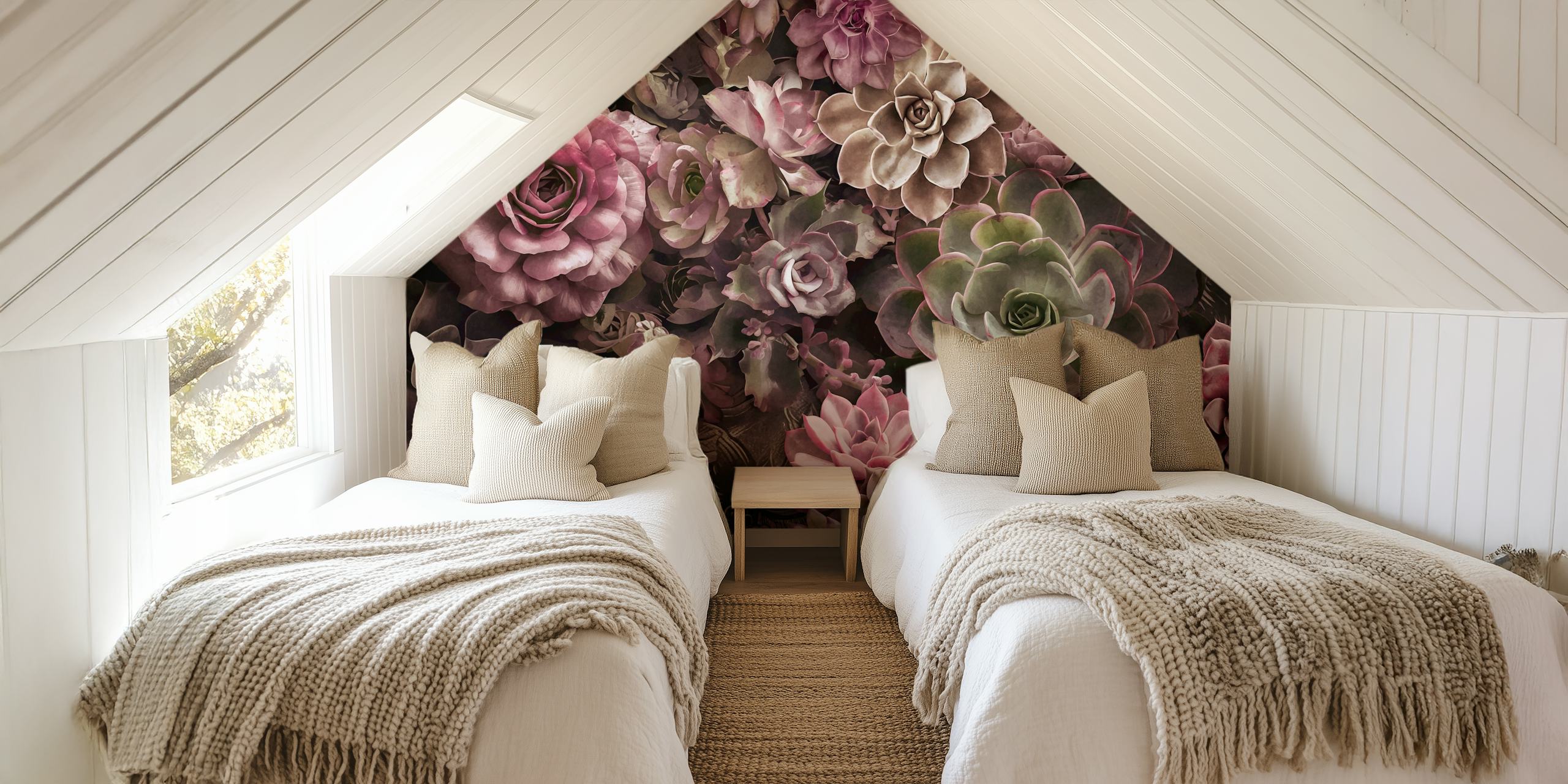 Desert Garden fotobehang met stemmige bloemen en vetplanten in gedempte tinten
