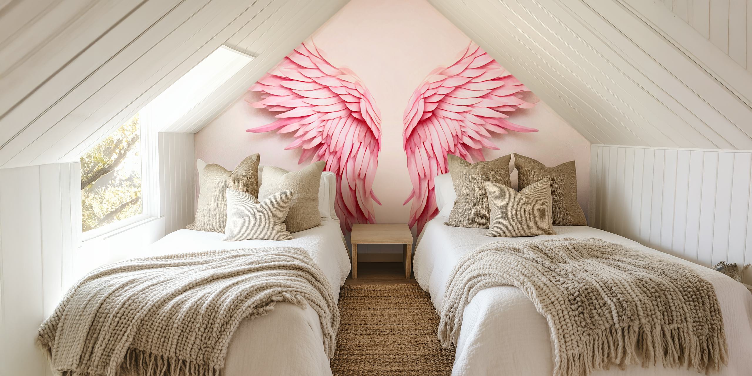 Pink angel wings wallpaper in a room