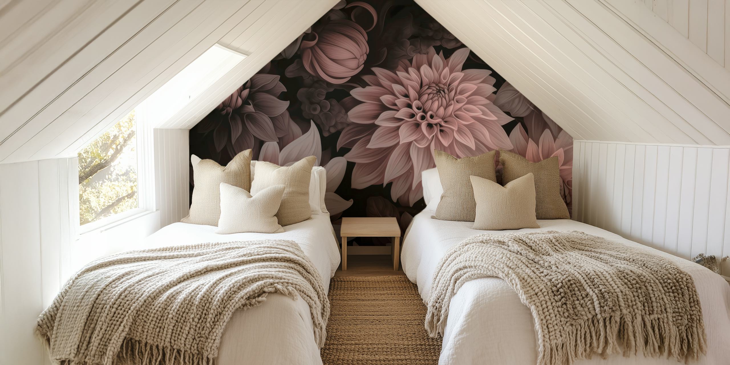 Opulent Moody Dahlia Flowers Smoke Pink behang in de kamer