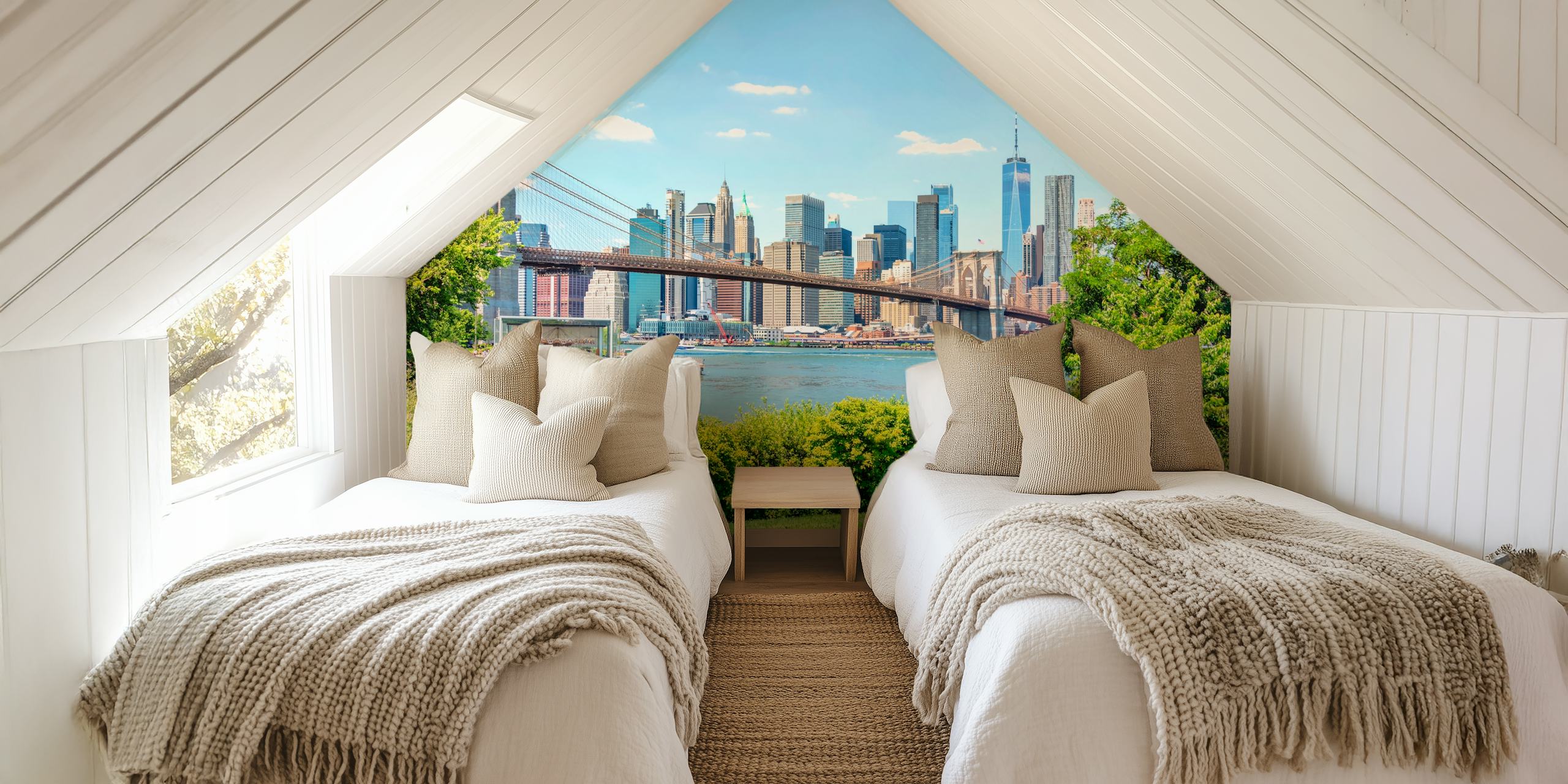 Brooklyn Bridge and Manhattan skyline wall mural with greenery and blue sky