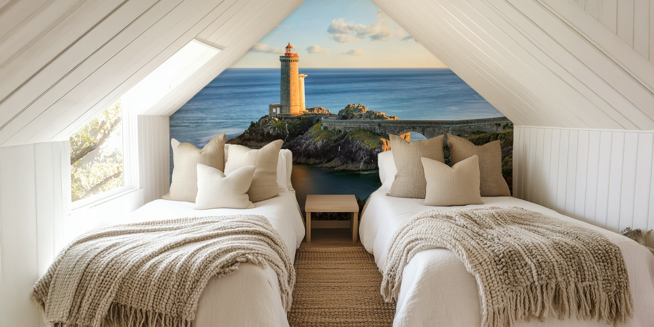 A lighthouse by the sea during sunset, featuring warm tones and calm water wallpaper