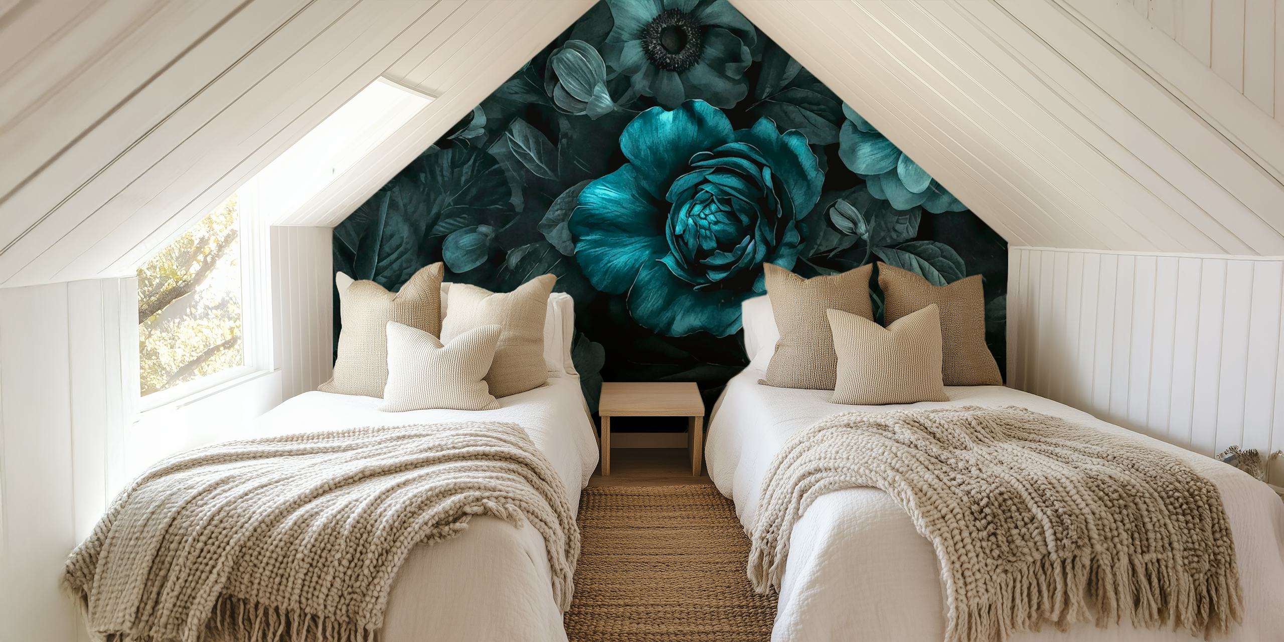Dark floral wallpaper with teal flowers