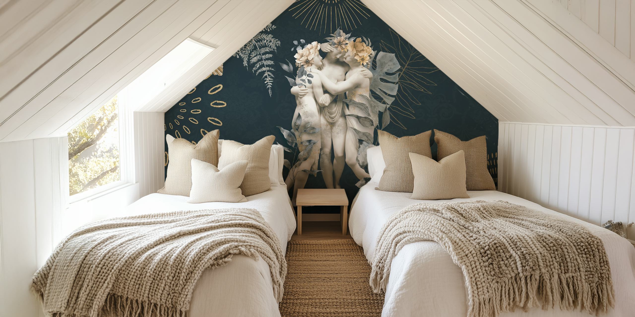 Floral wallpaper featuring figures in a room