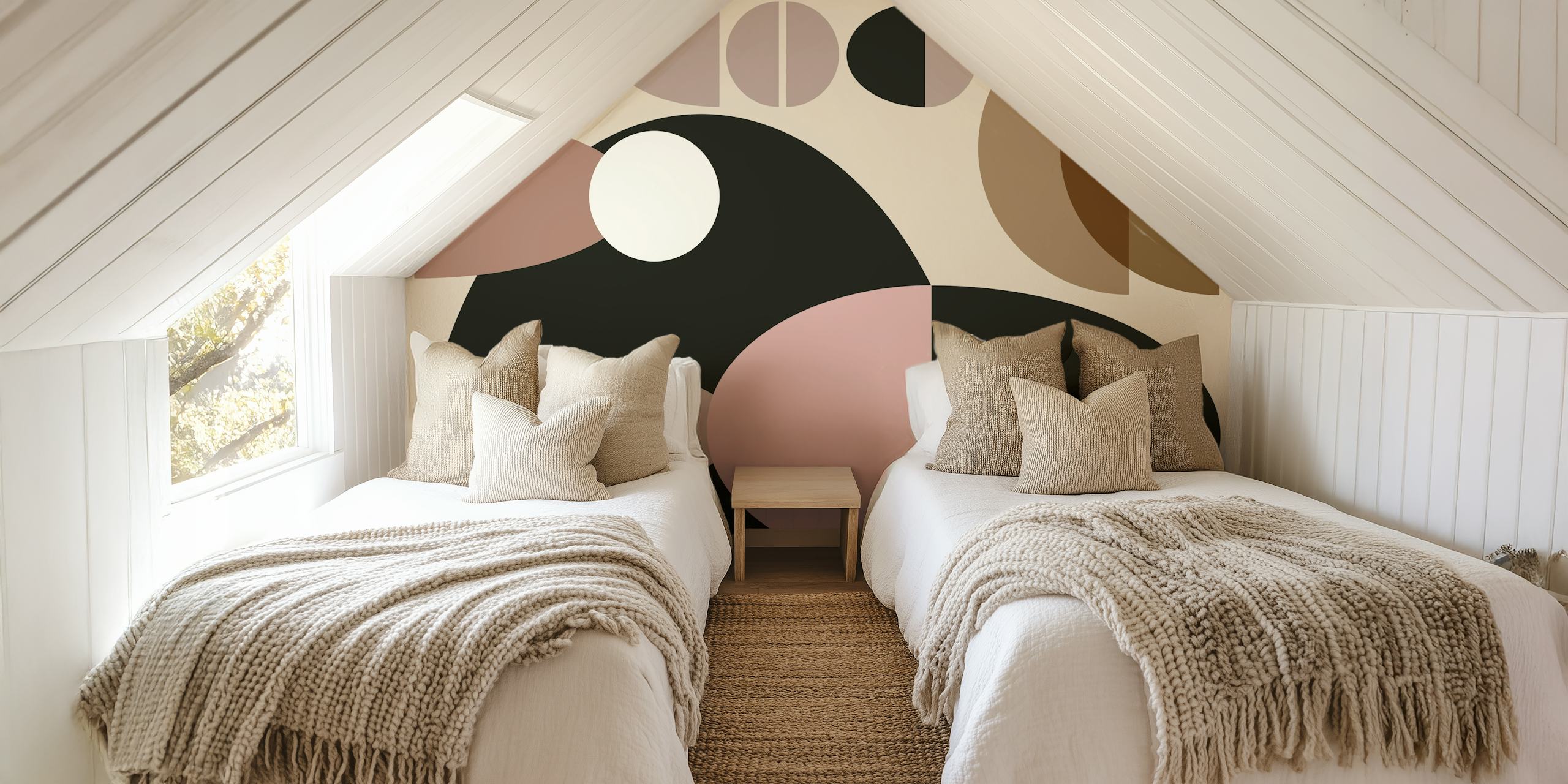 Moody neutral mid-century pebbles wallpaper in a room