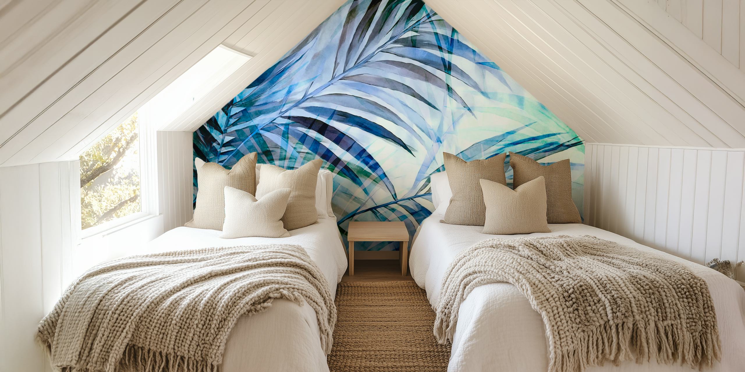Tropical palm leaves in shades of blue and green wallpaper