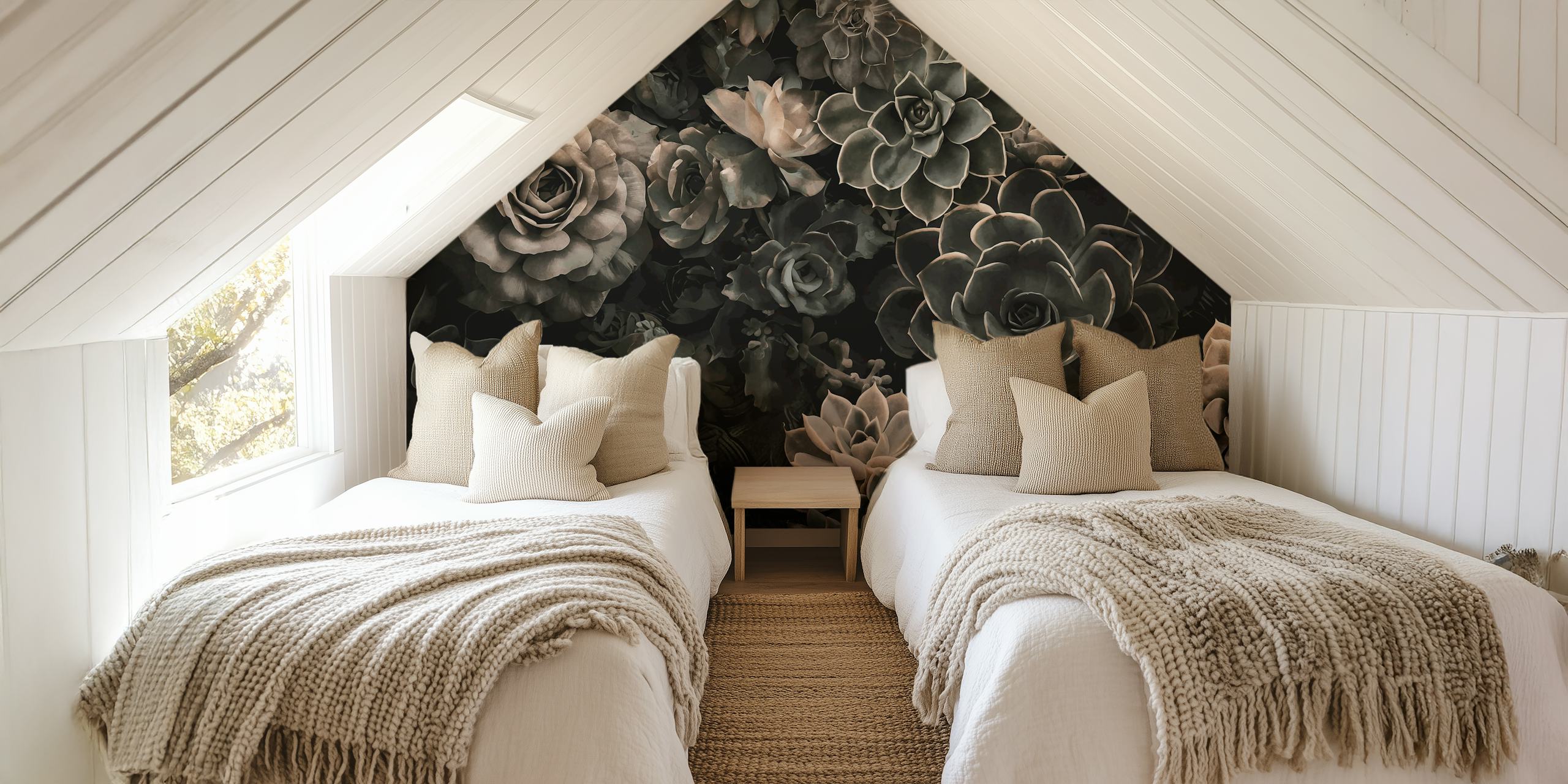 Moody floral and succulent wall mural in grey tones