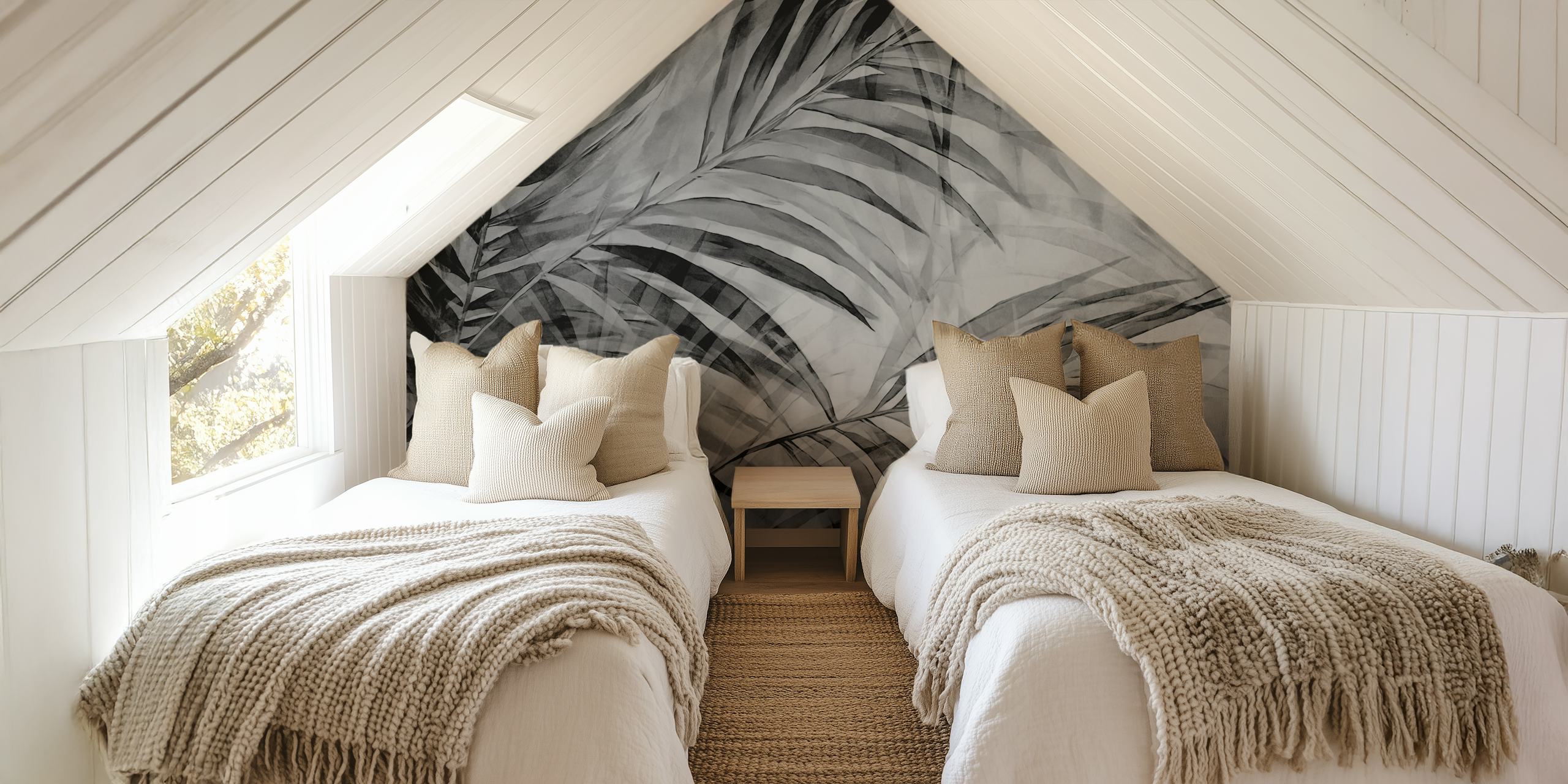 Large black palm leaves on a grey background wallpaper