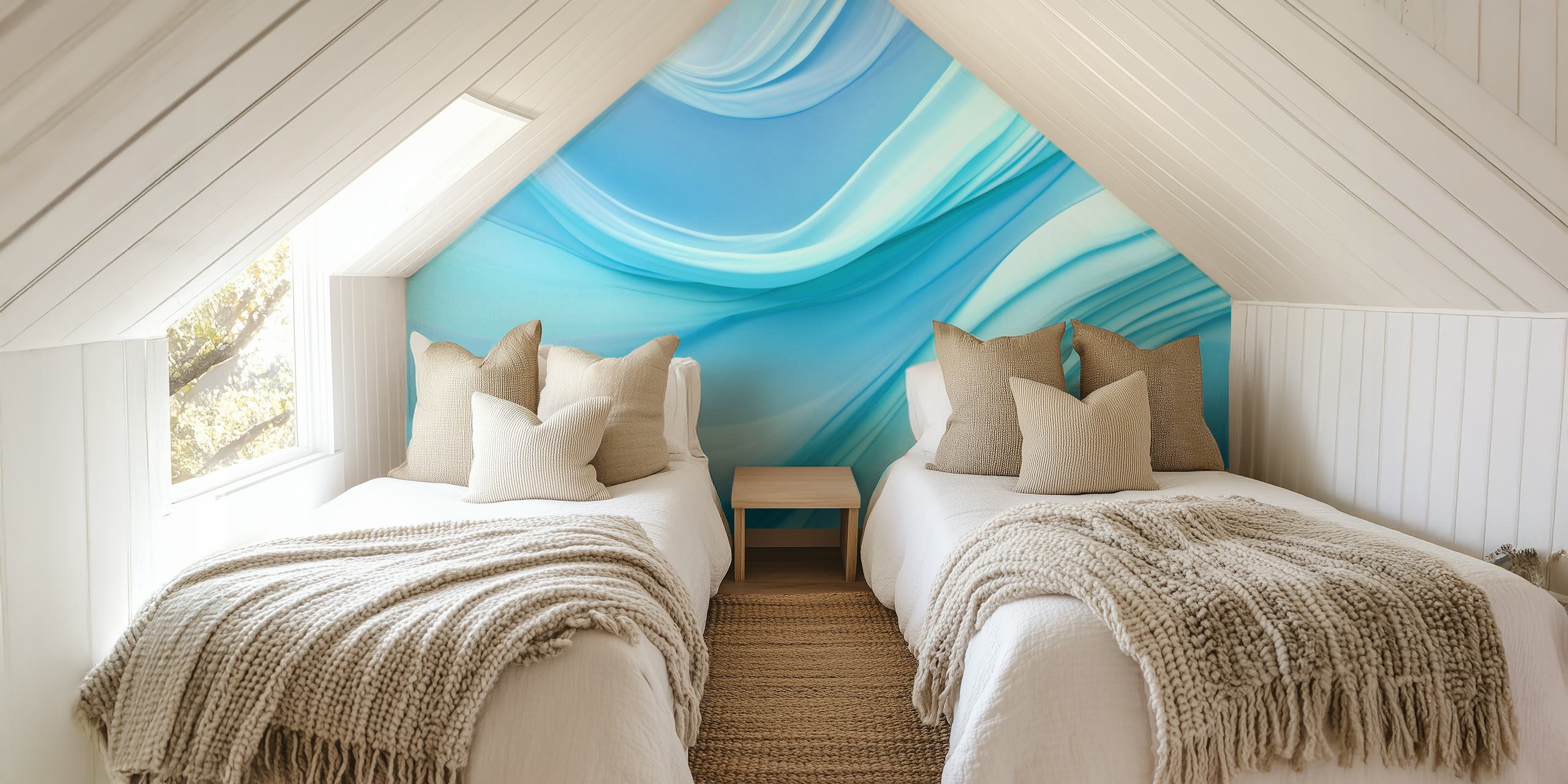 Blue flowing waves with abstract patterns wallpaper