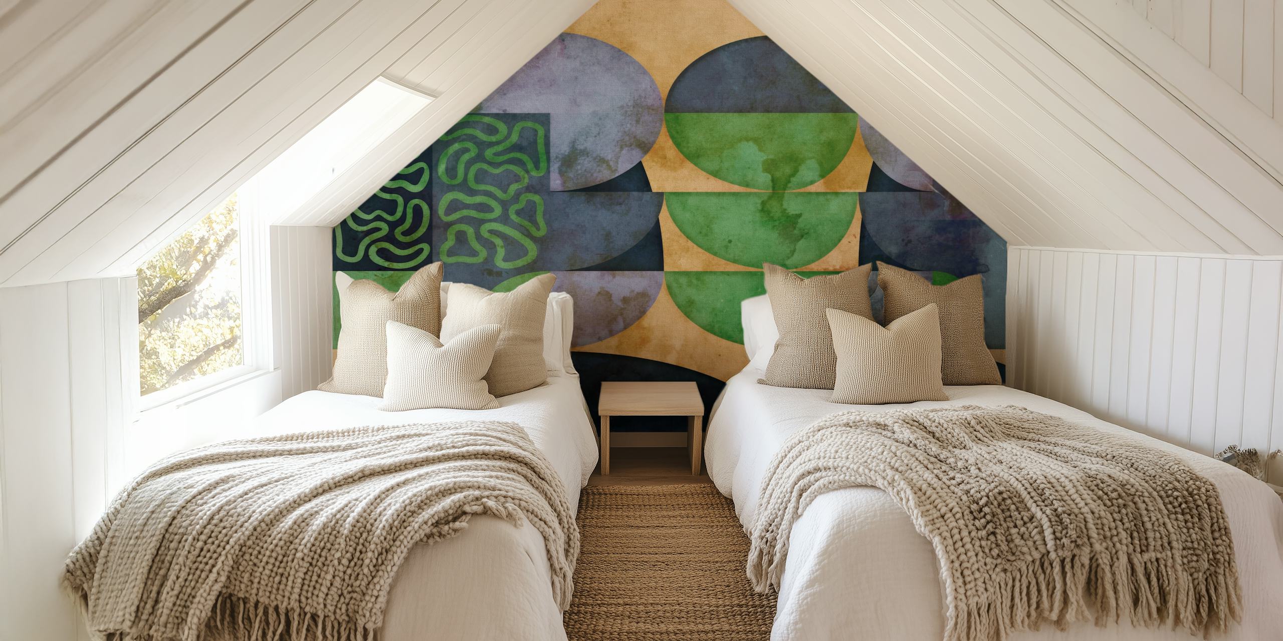 Seventies MidMod Grunge muurschildering met aardse groentinten en abstracte vormen met een vintage overlay