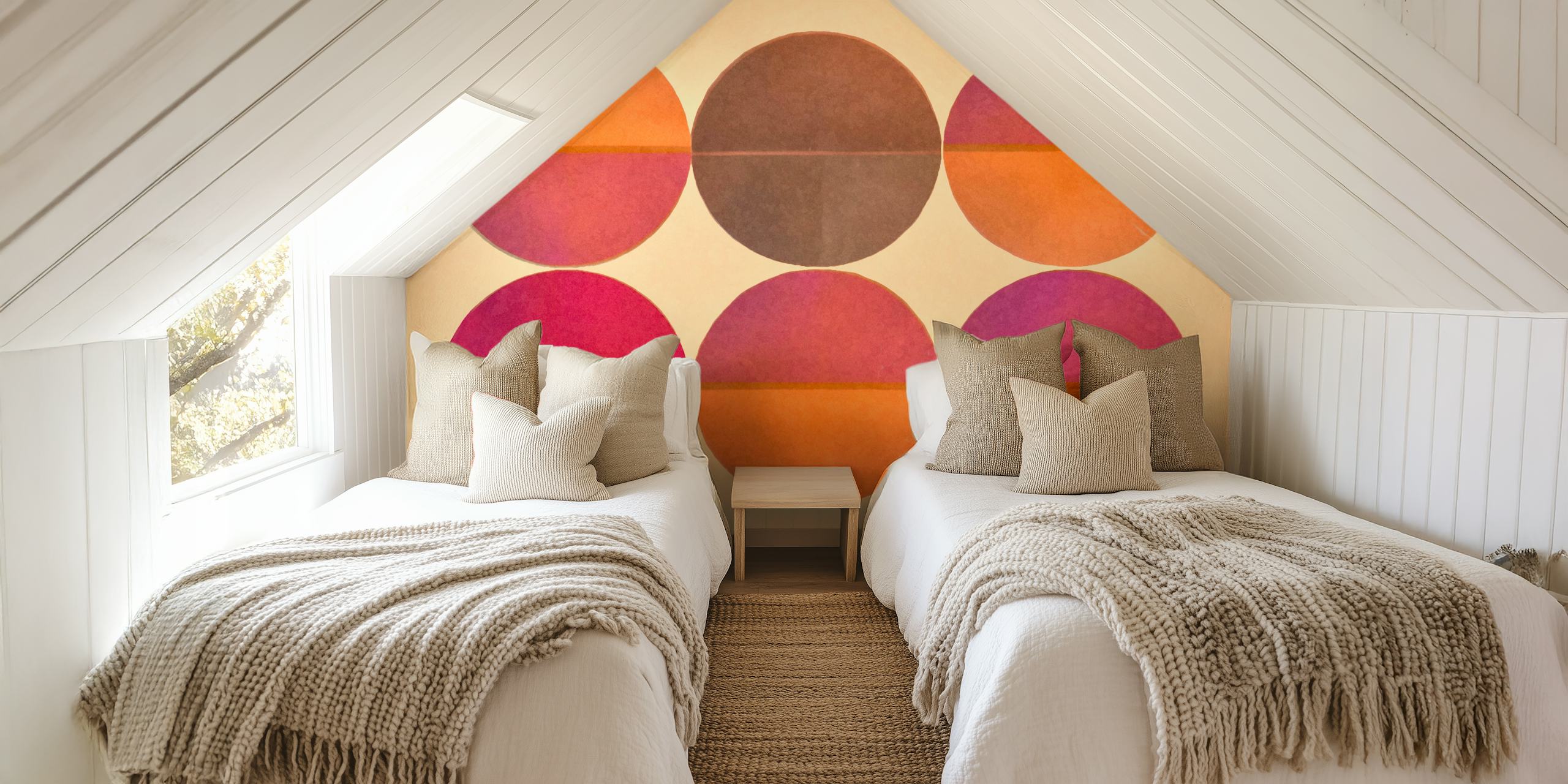 Fotomural de círculos simétricos en tonos naranja y rosa sobre un suave fondo beige