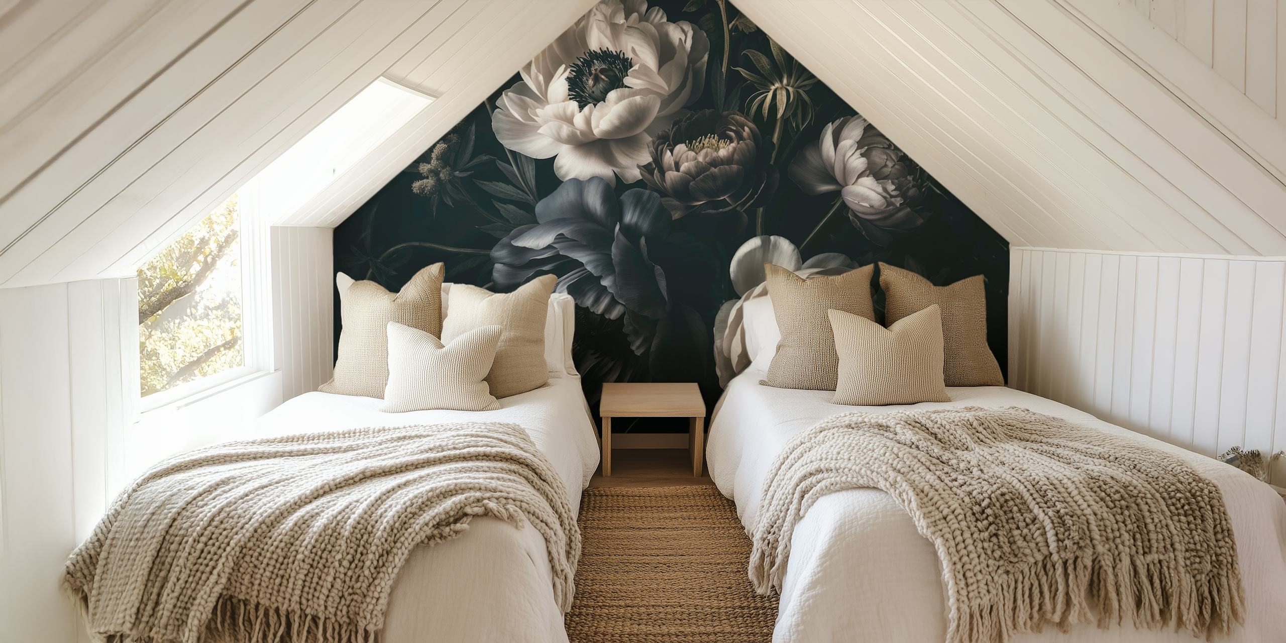 Floral arrangement in ivory and blue colors on dark background wallpaper