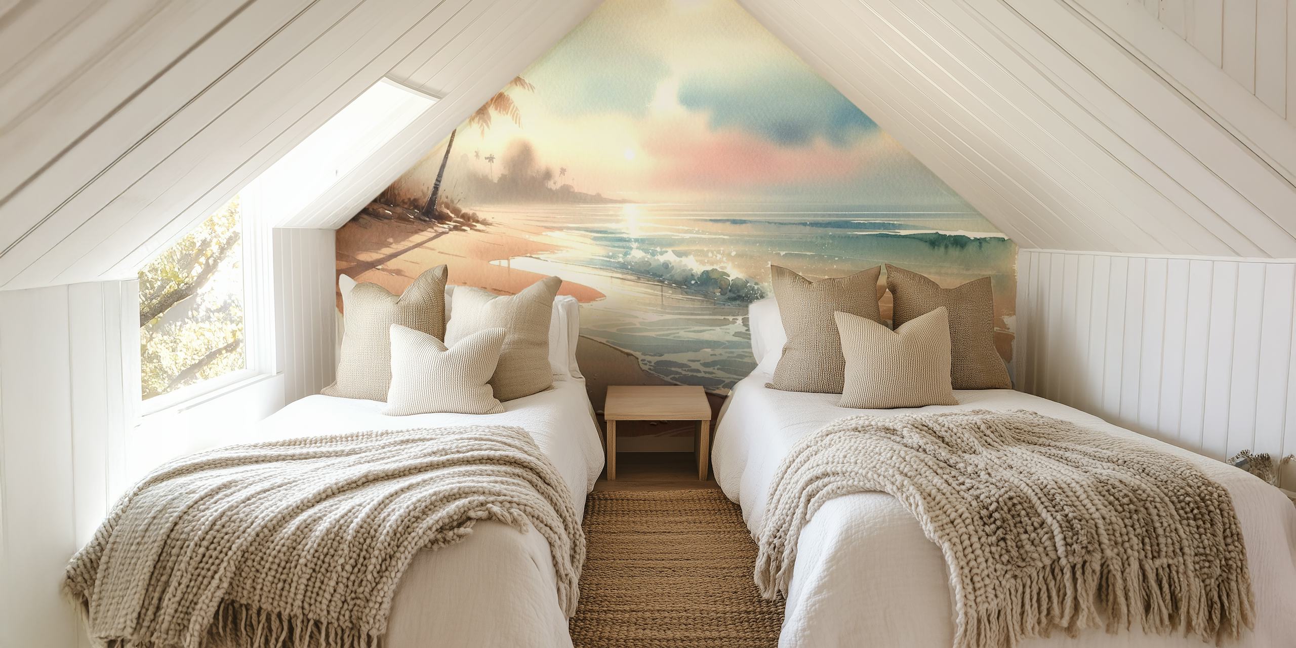 Tropical beach at sunrise with palm tree and gentle waves wallpaper
