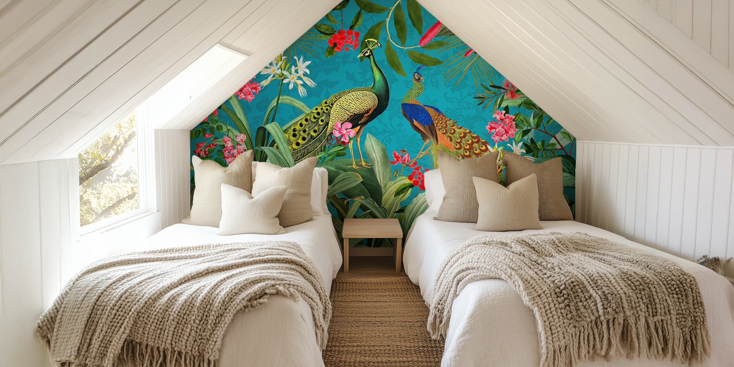 Peacock birds among tropical flowers and leaves in blue wallpaper