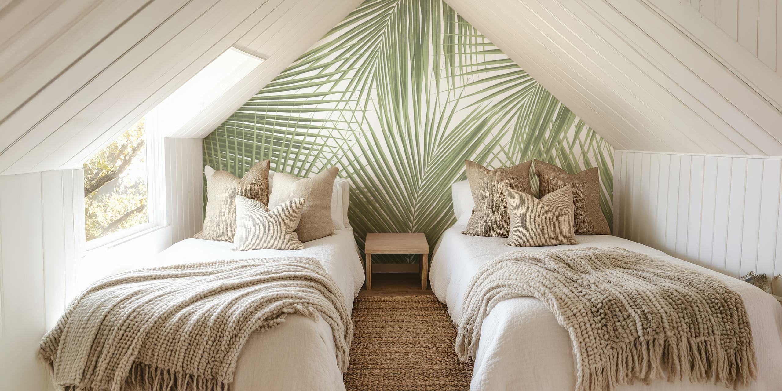 Green palm leaves pattern wallpaper in natural tones