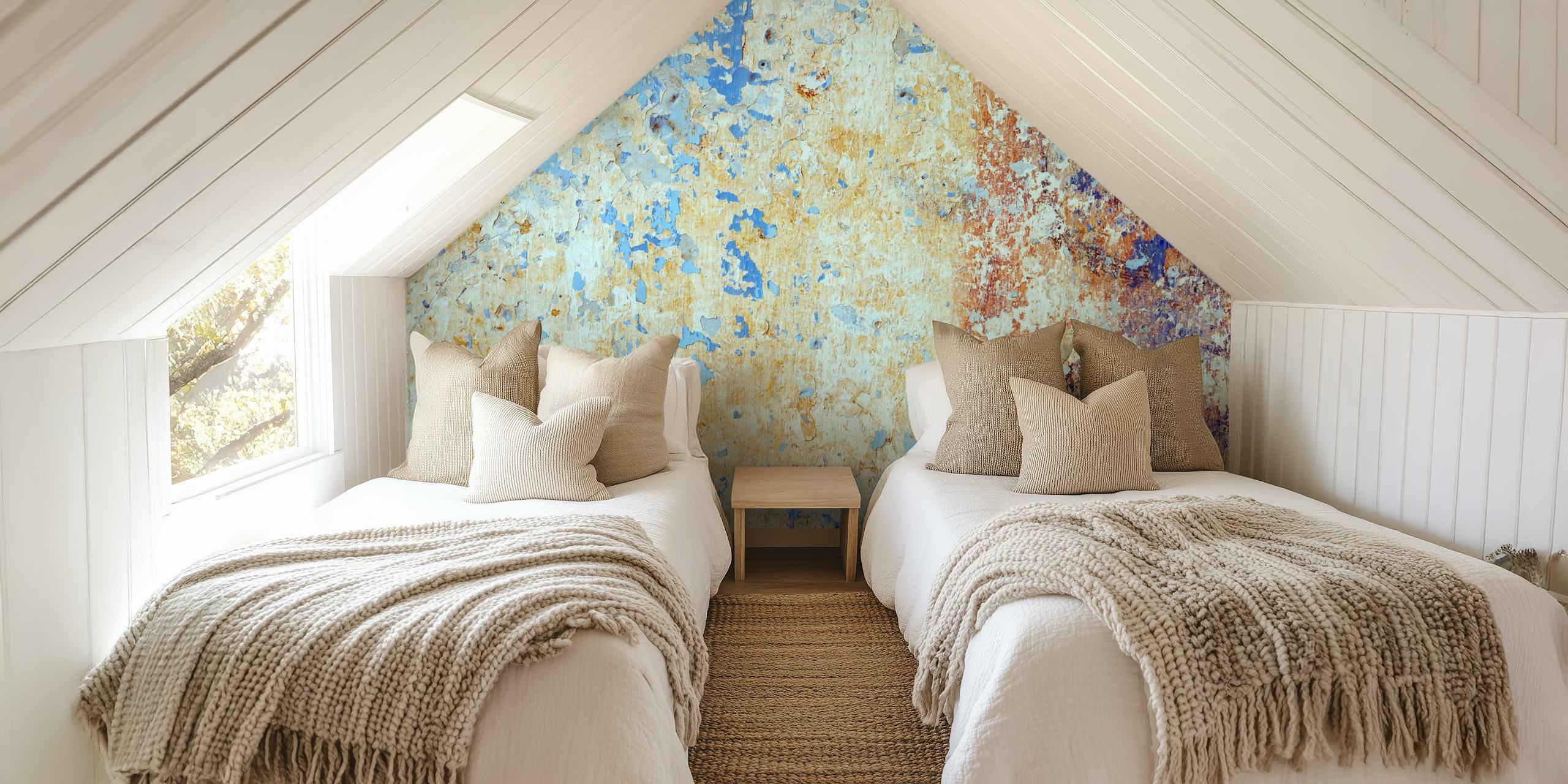 Textured weathered blue and beige distressed wallpaper