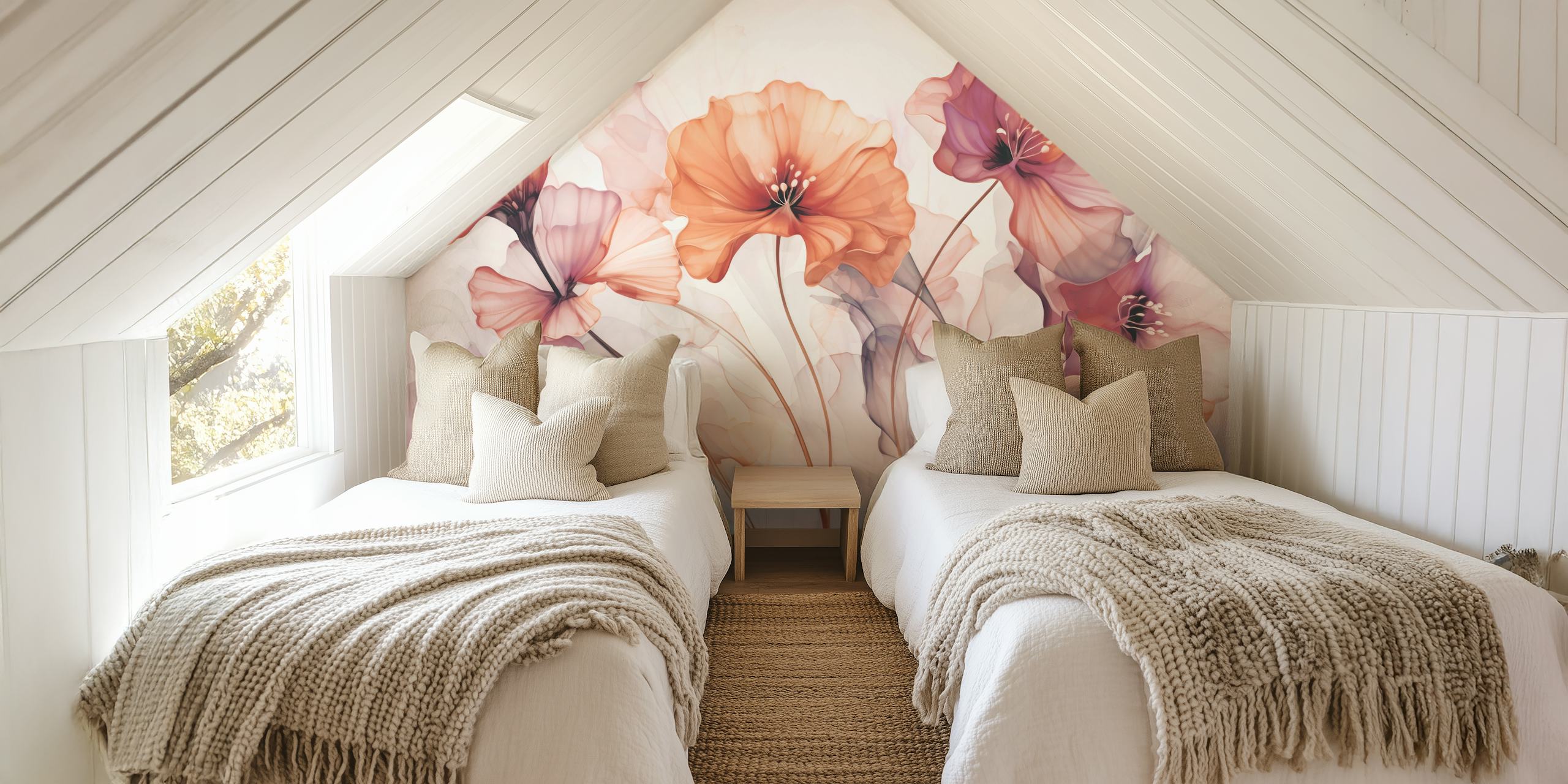 Ethereal Flower Fantasies Purple Peach wzór kwiatowy w pokoju