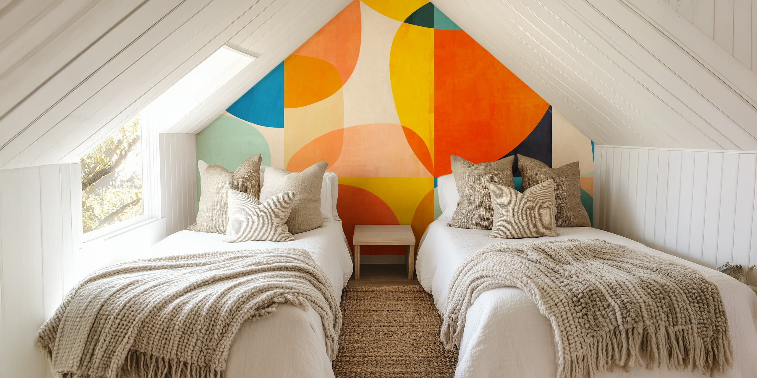 Colorful abstract geometric shapes in orange, teal, and soft pastels wallpaper