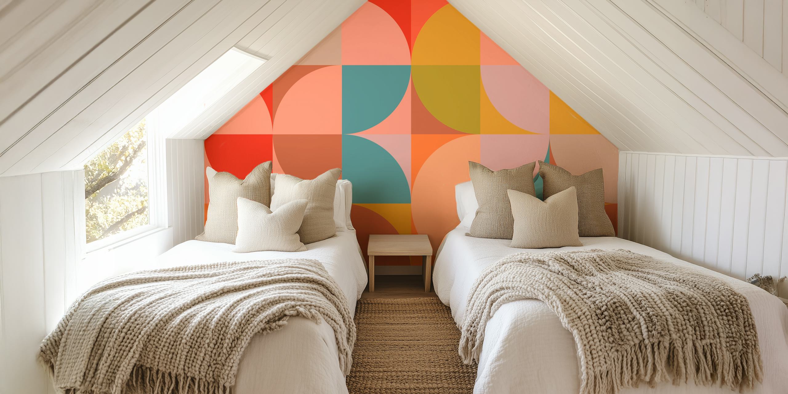 Bauhaus-inspired geometric pattern wall mural with mid-century color scheme