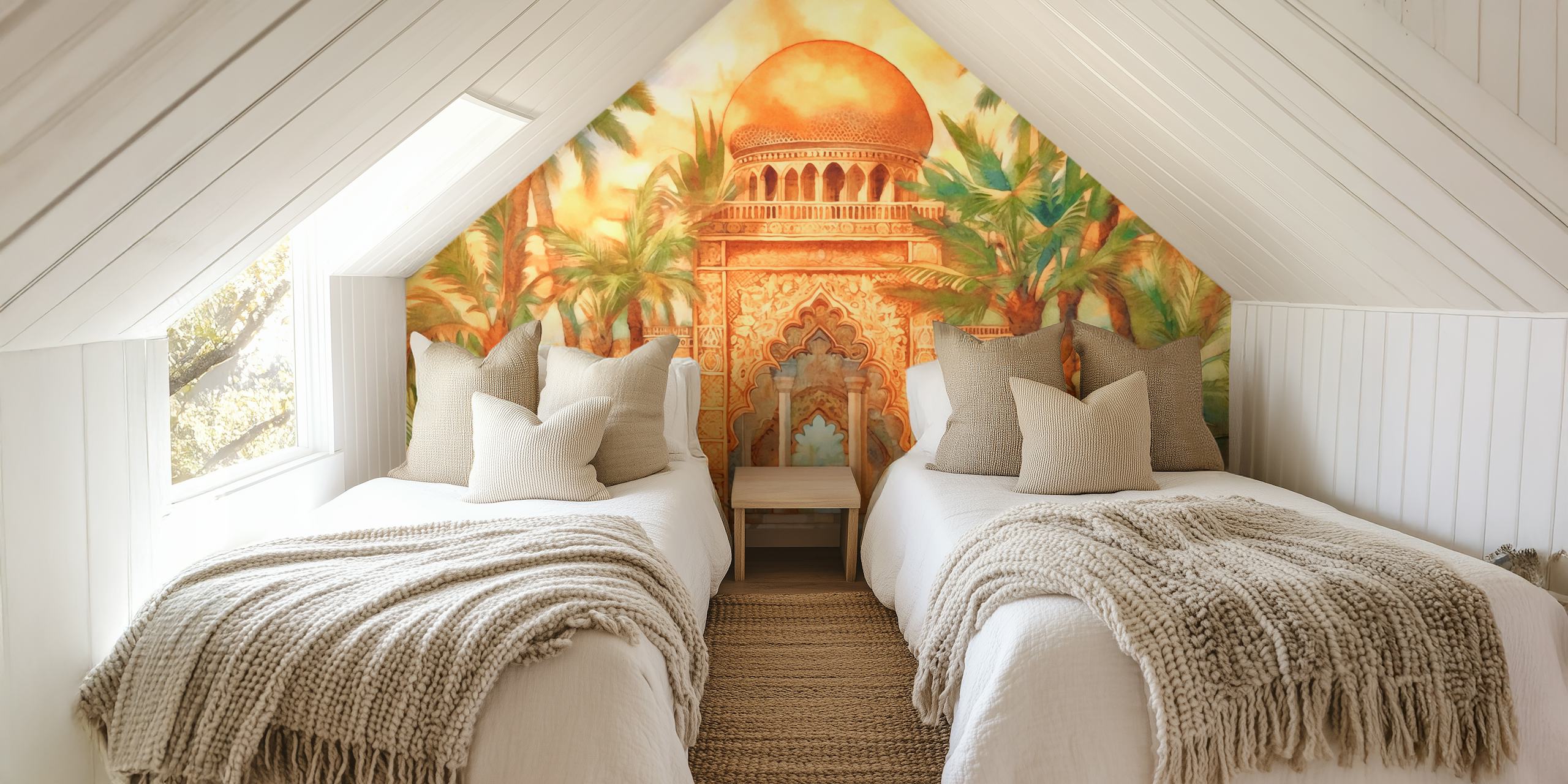 Tropical palm and ornate structure with golden dome wallpaper
