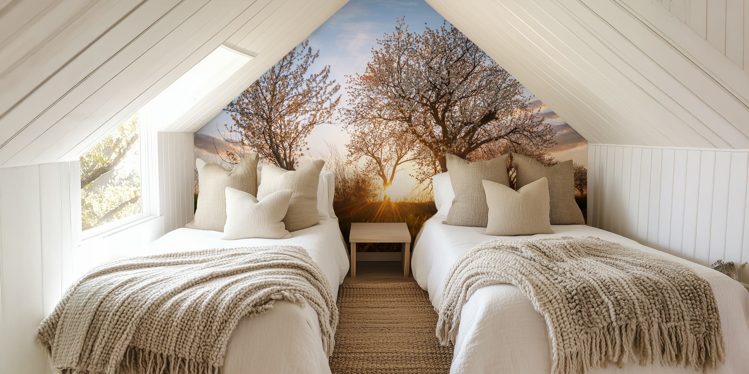 Cherry trees in blossom at sunset with green grass wallpaper