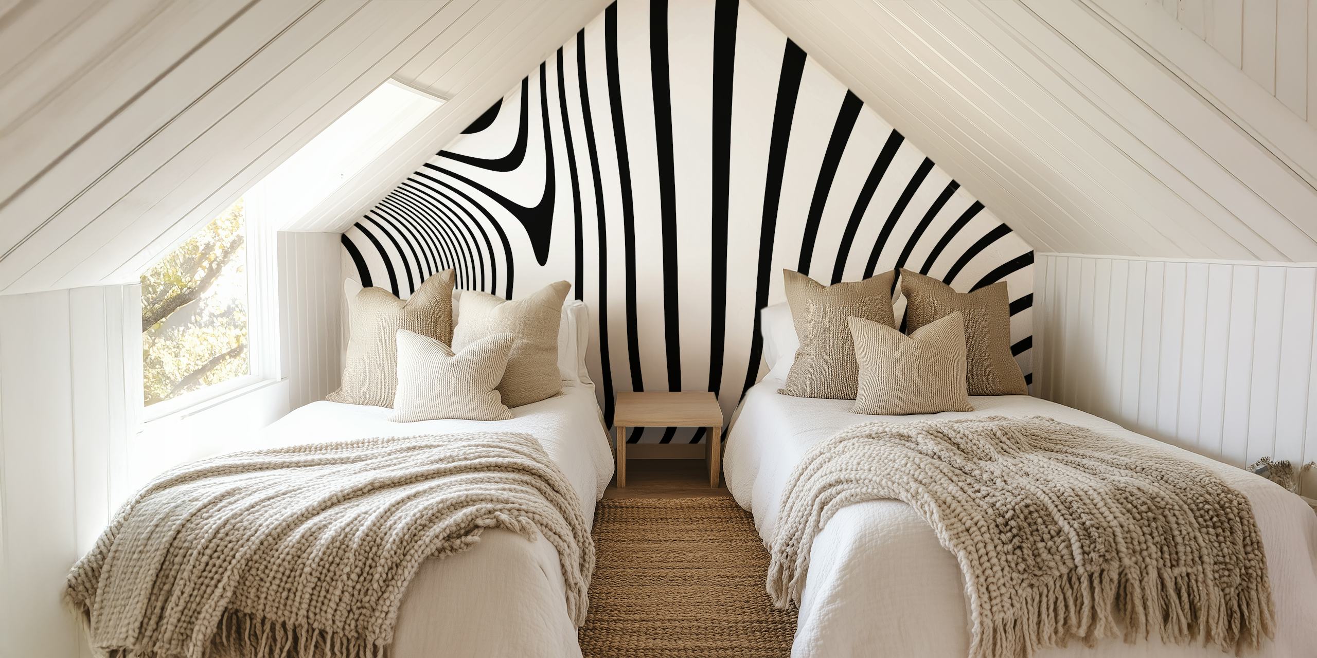 Decorazione murale con illusione ottica retrò in bianco e nero che induce un senso di movimento