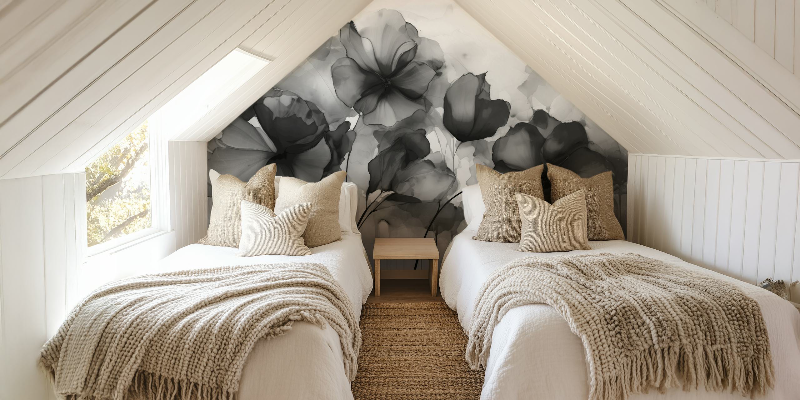 Moody Ink Flowers Grey Black wallpaper in a room