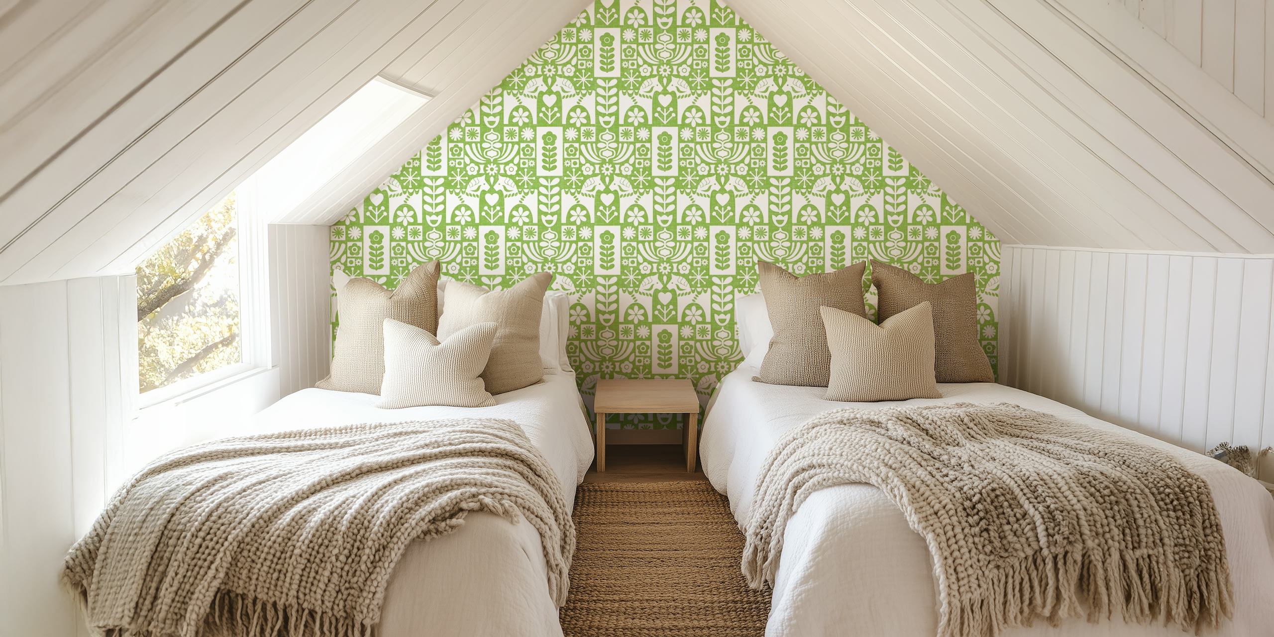 Green floral patterned wallpaper on a white background, mid-century modern style