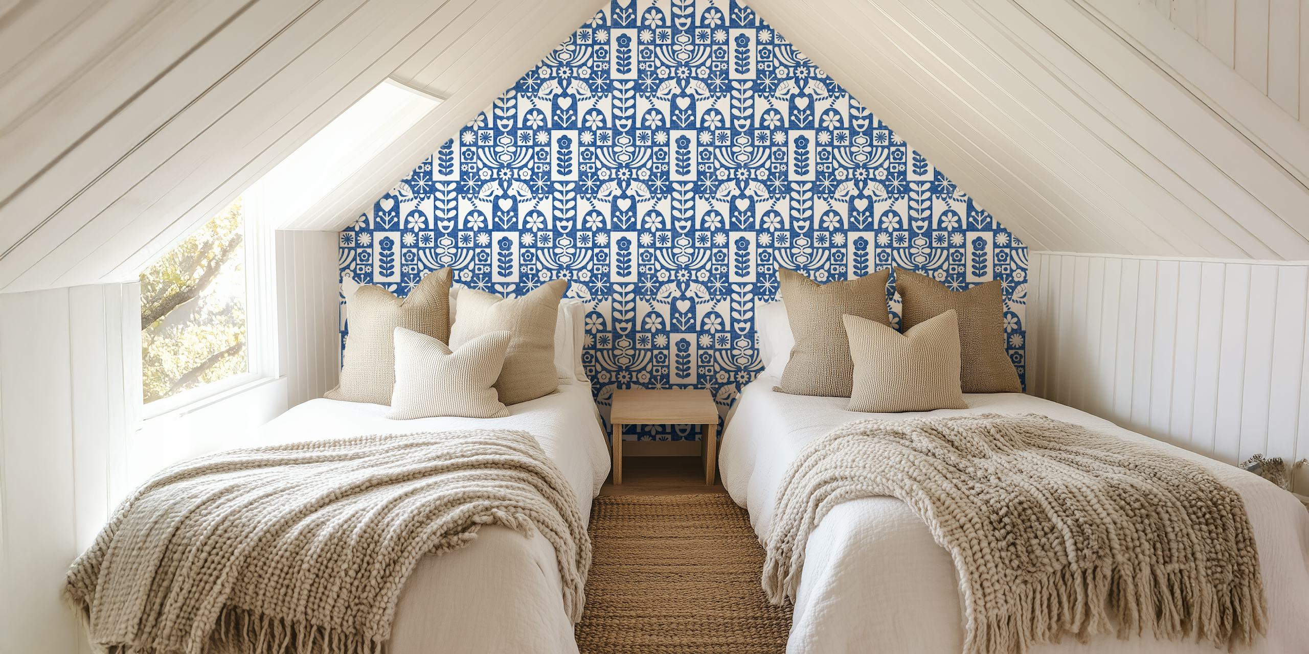 Swedish Folk Art Mid-Century Modern Blue Wall Mural with Floral and Geometric Patterns