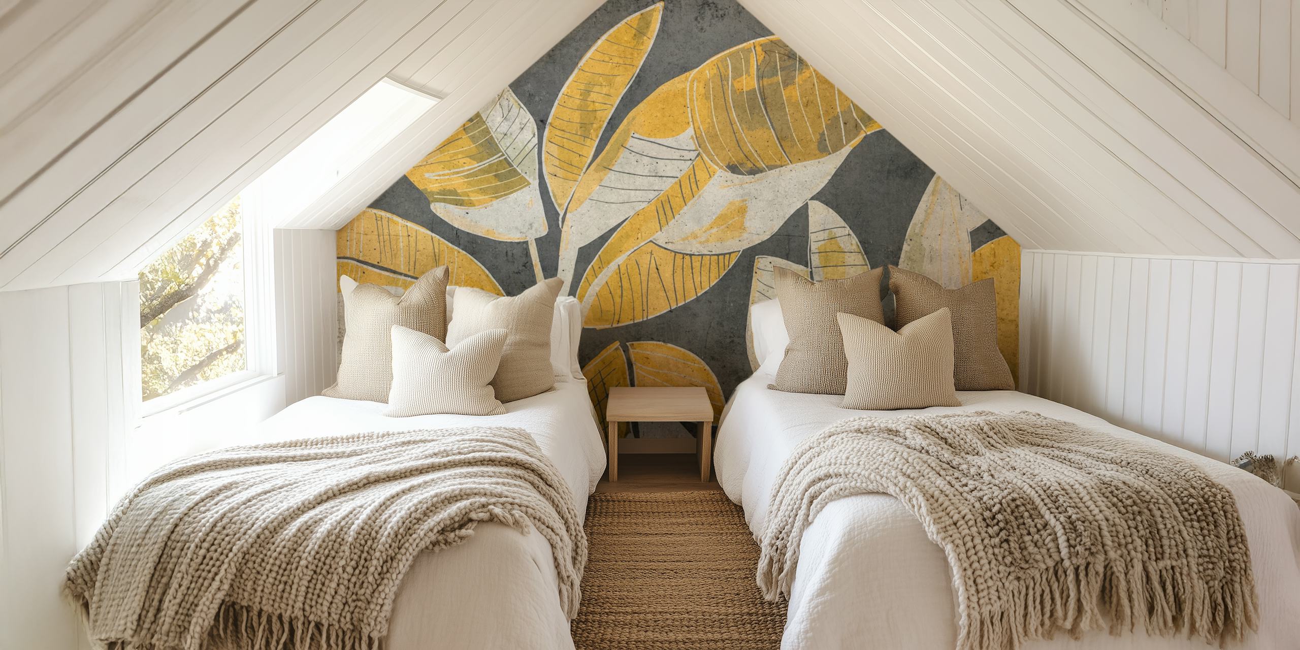 Tropical leaves in black and yellow colors on textured background wallpaper