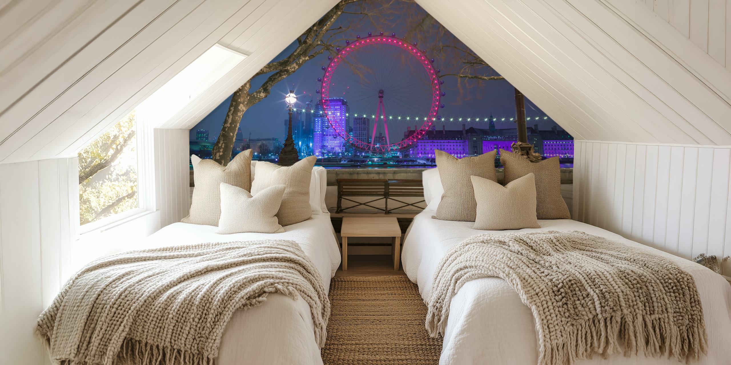 Purple city skyline at night with a Ferris wheel and snow wallpaper