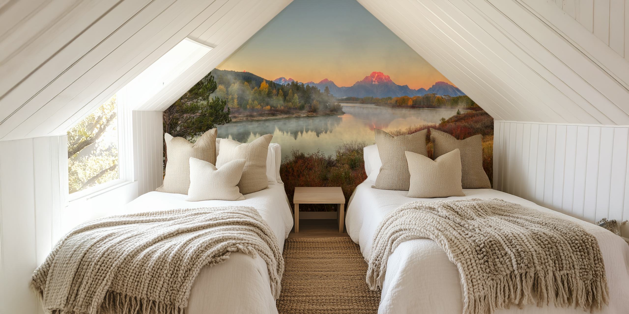 Scenic wall mural of sunrise at Oxbow Bend with mountains and reflective water