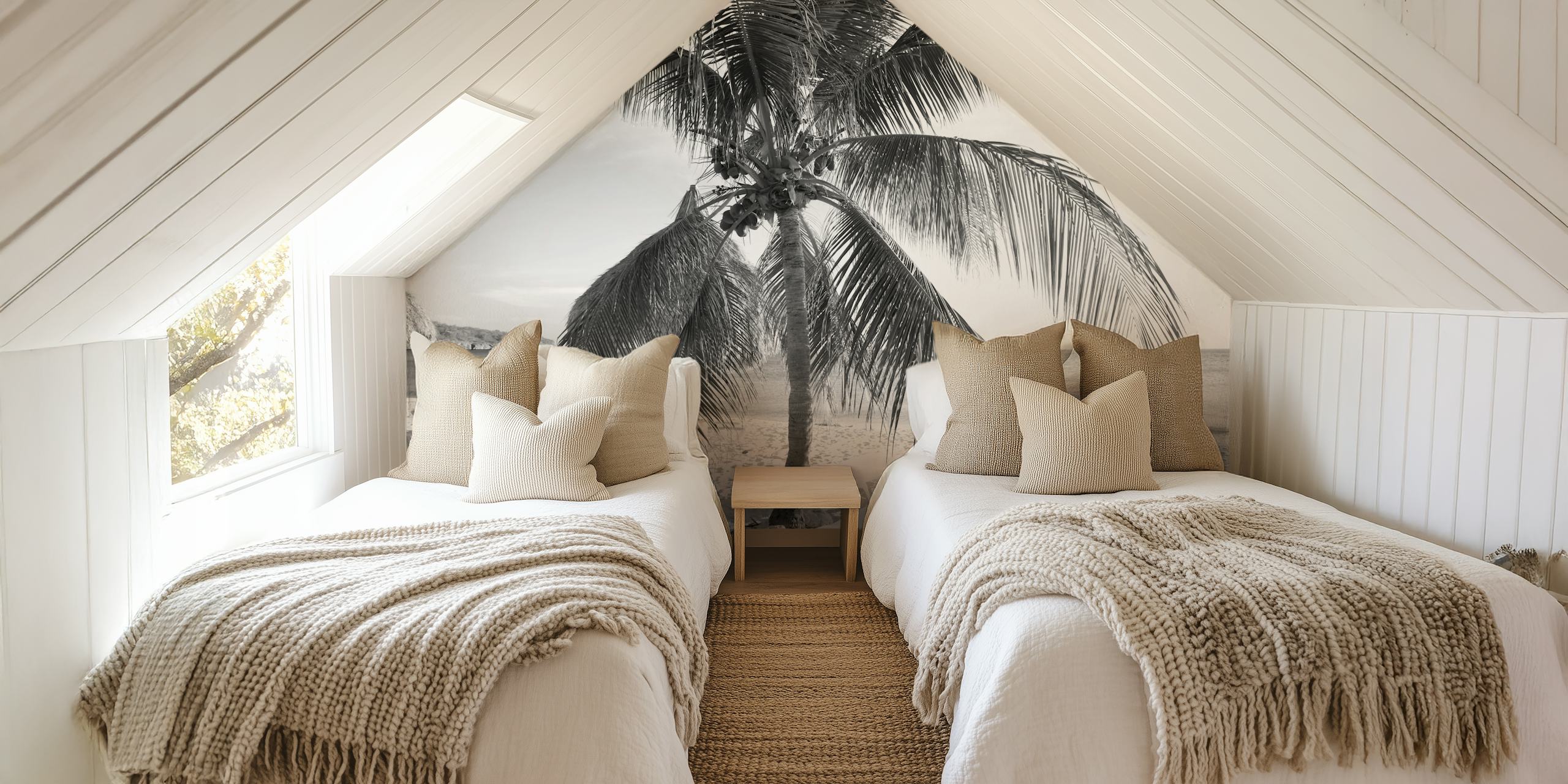 Palm tree on beach in black and white wallpaper