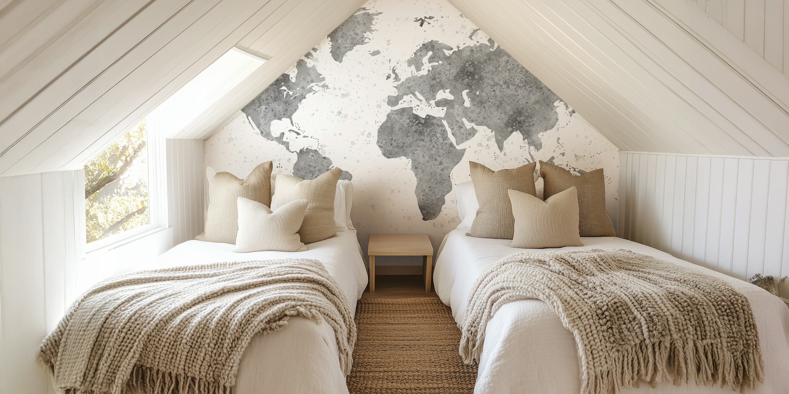 World Map Mural in grey tones