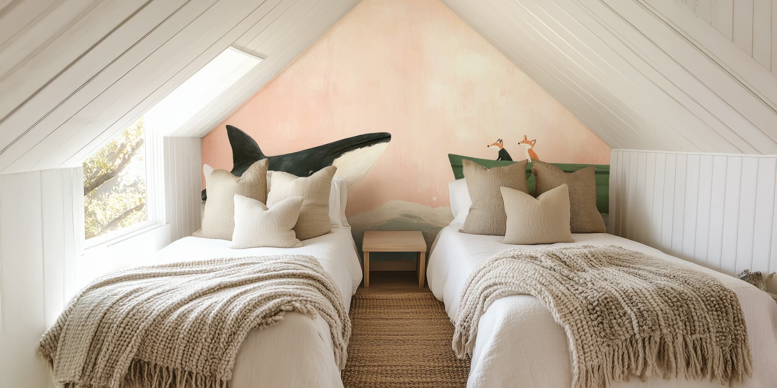 Whale and fox characters with ocean waves and soft pink background wallpaper