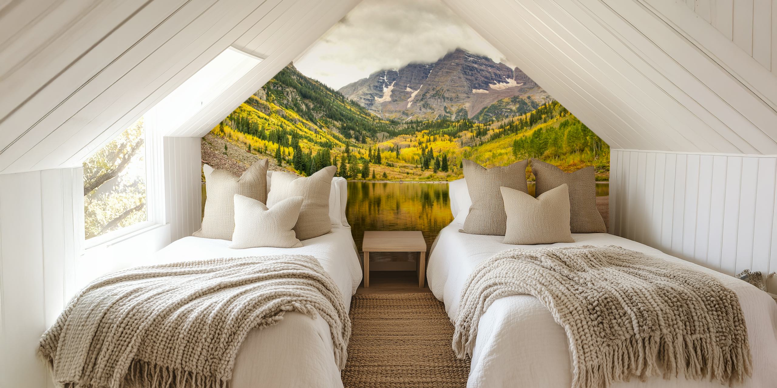 Autumn mountain landscape wallpaper in a room