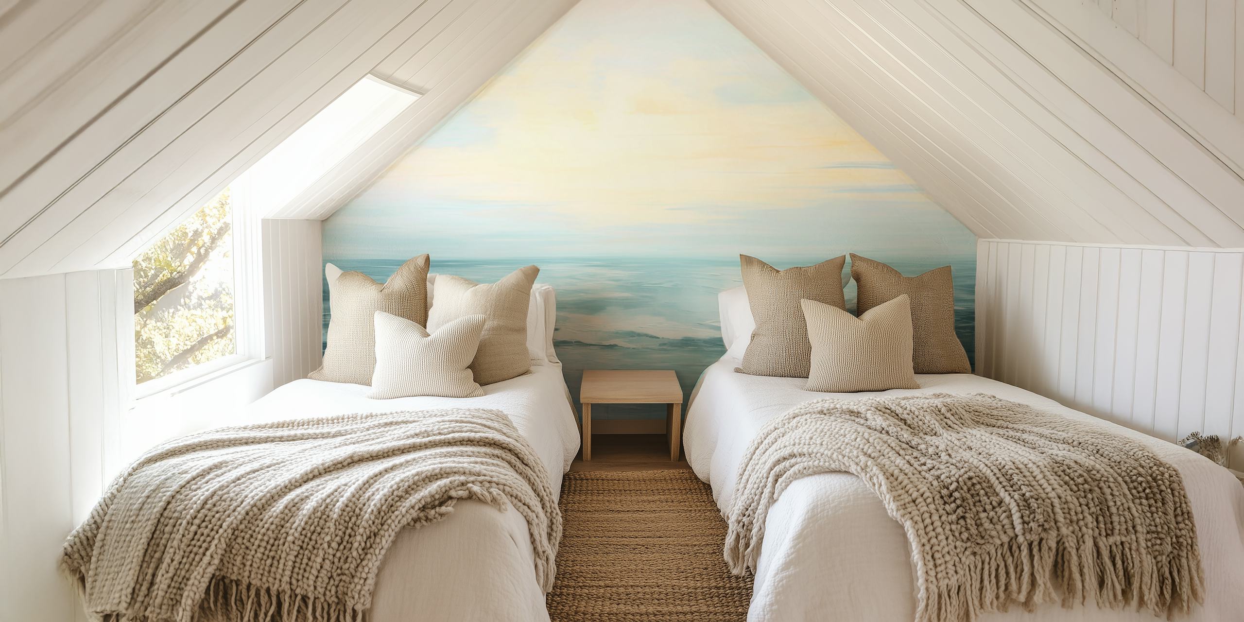 Ocean waves with soft blue and pastel sky colors; abstract wallpaper