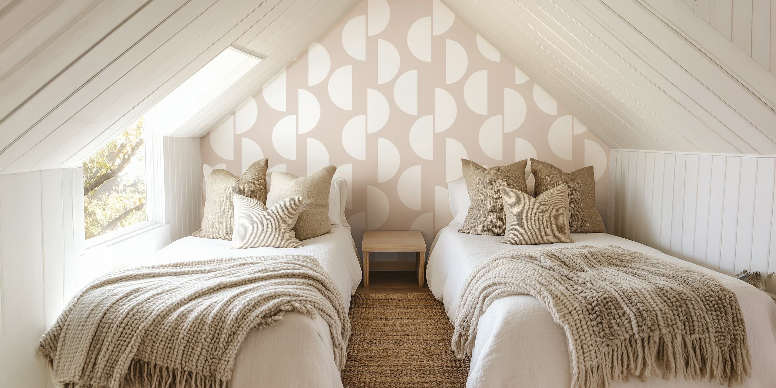 Mid Century Half Moon pattern in white on soft beige wallpaper