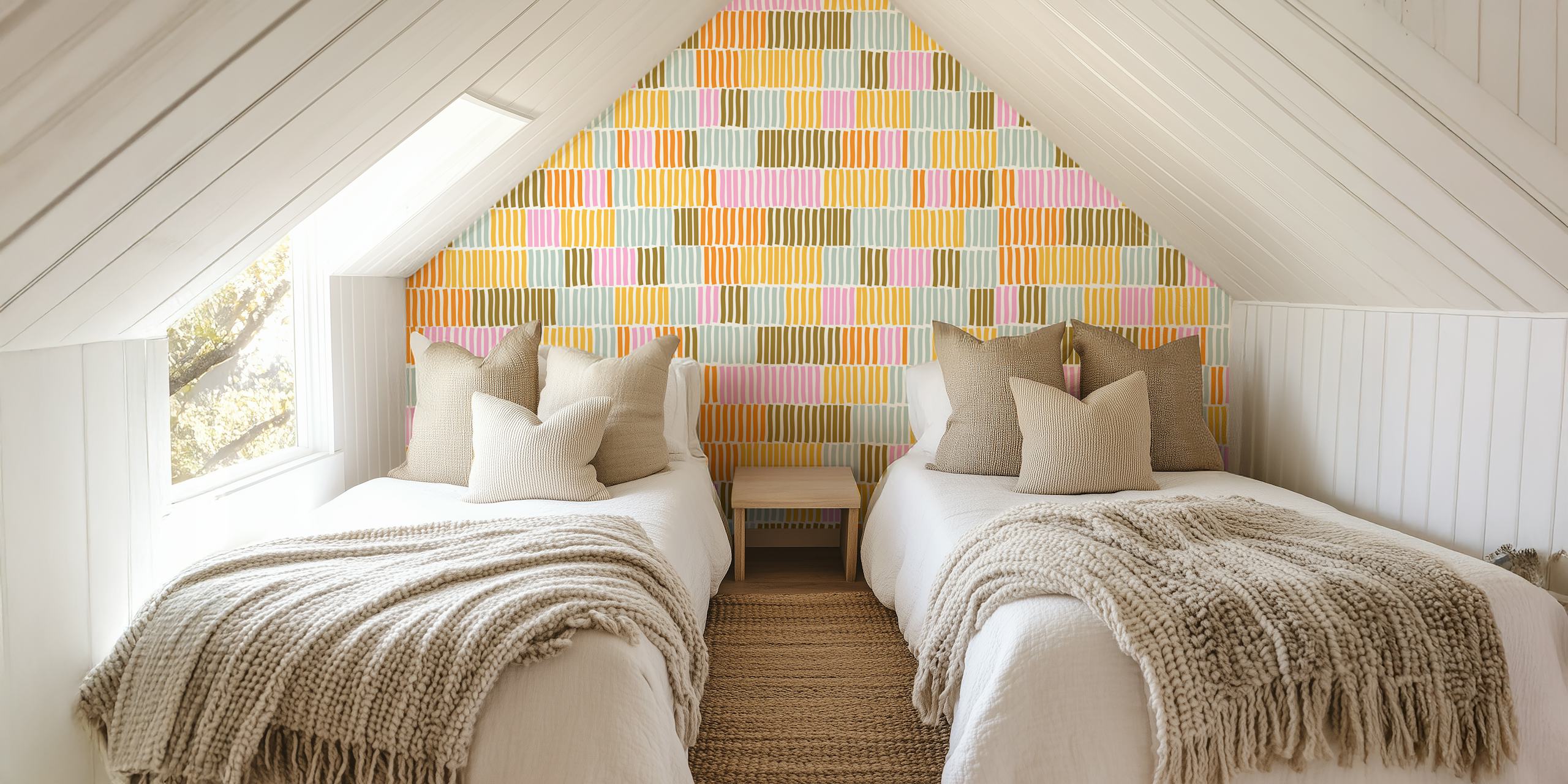 Retro Sunny Pastel Geometric Stripes tapetti huoneessa