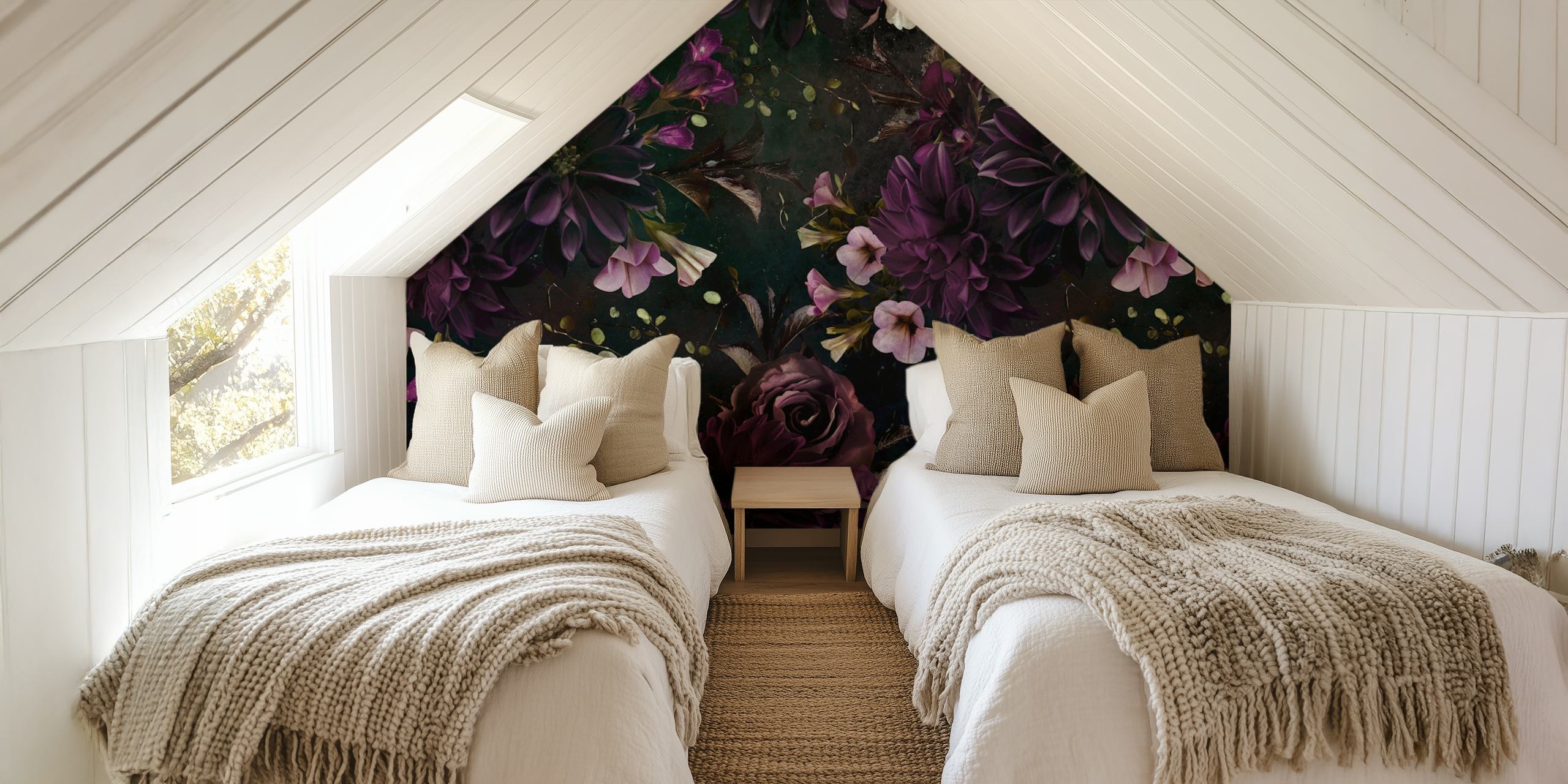 Dark floral patterns in purple and white on black background wallpaper
