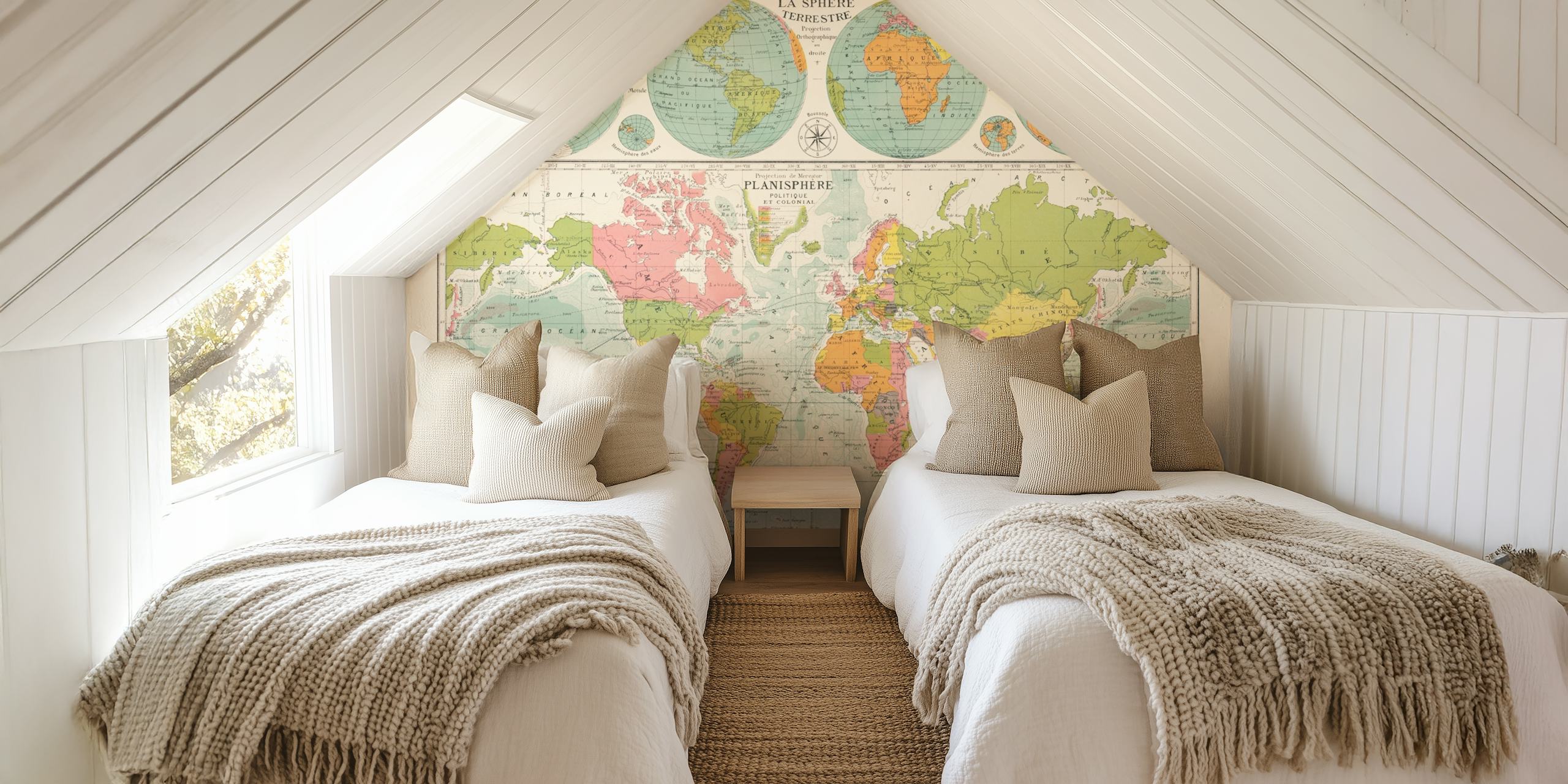 Vintage world map wallpaper in a room