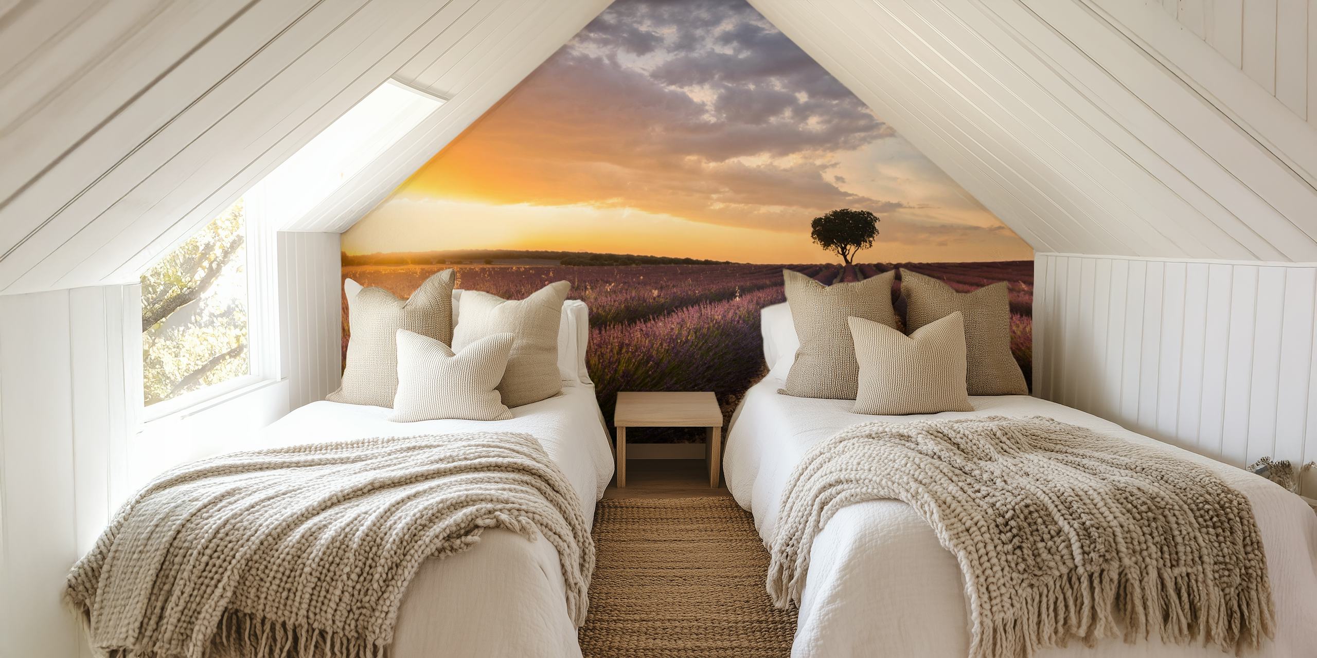 Lavender fields with sunset and a single tree wallpaper