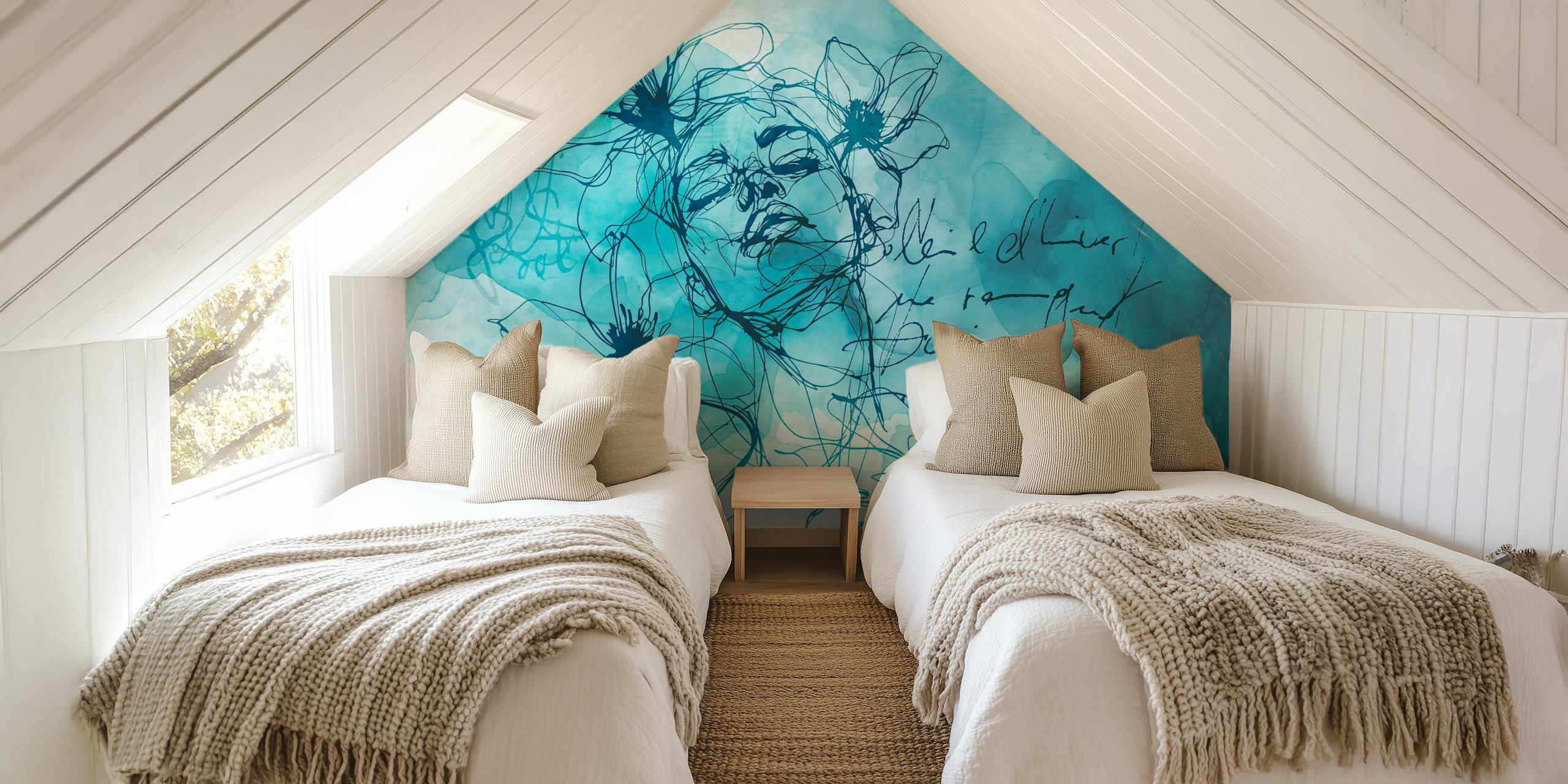 Teal line art of a woman with flowers, watercolor style wallpaper