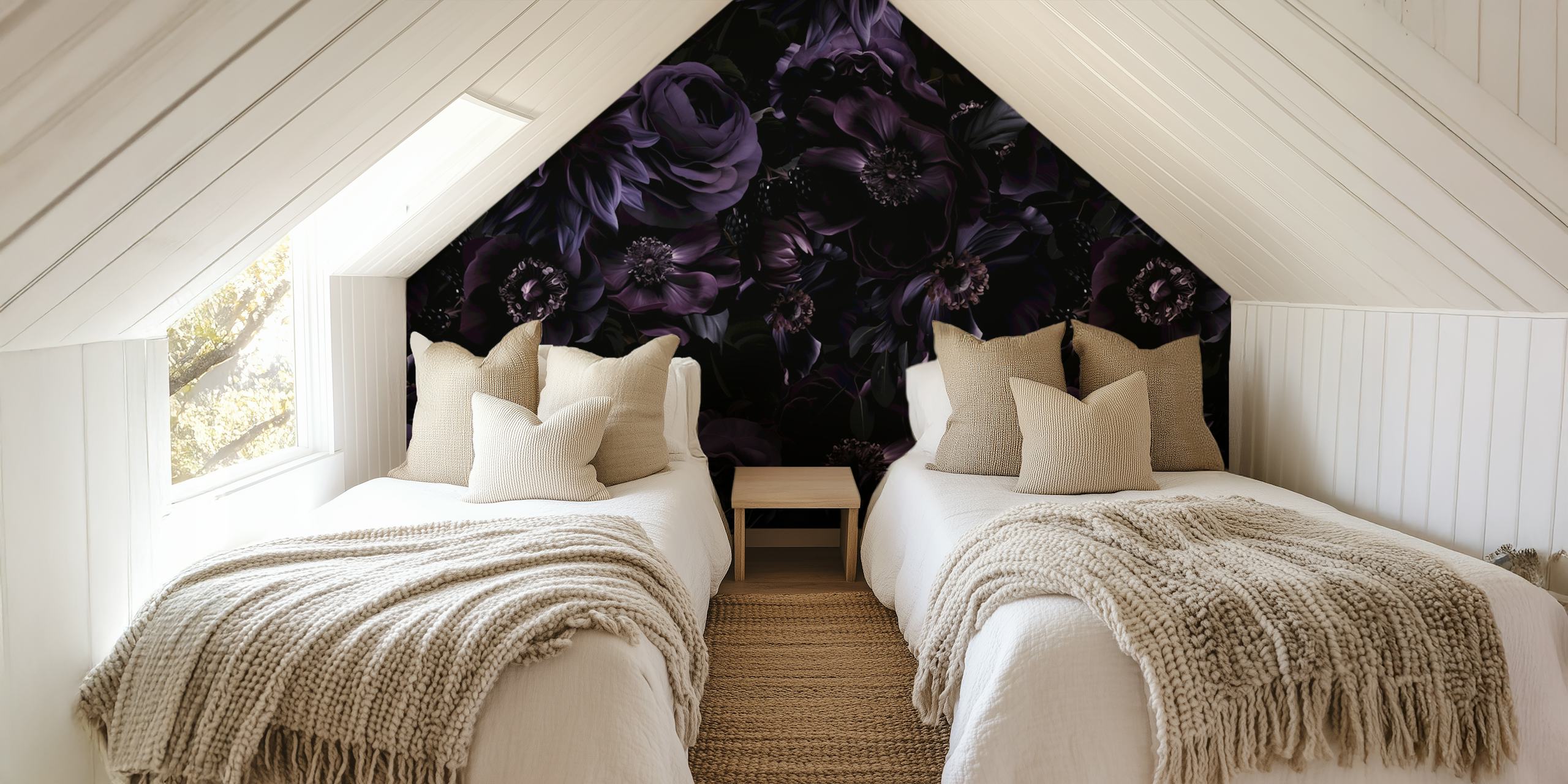 Dark purple floral pattern with roses and dahlias wallpaper